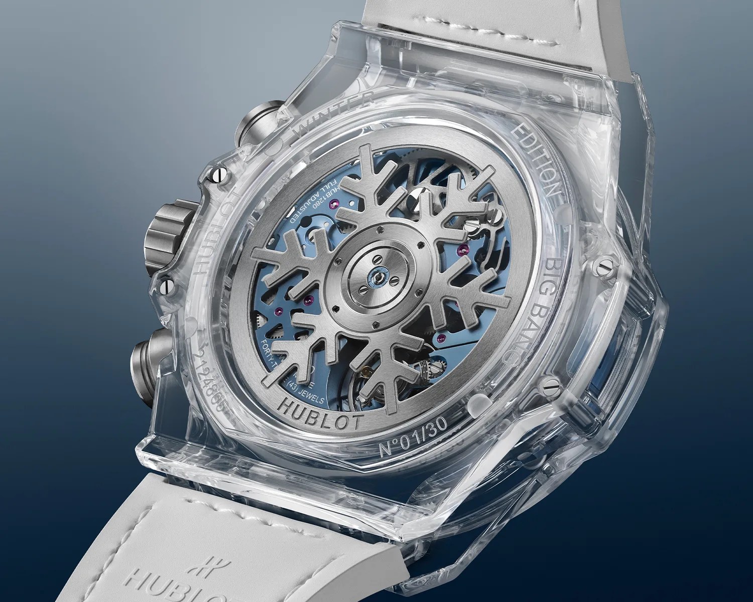 Transparent watch case back showing silver snowflake-shaped rotor and visible blue mechanical movement inside.