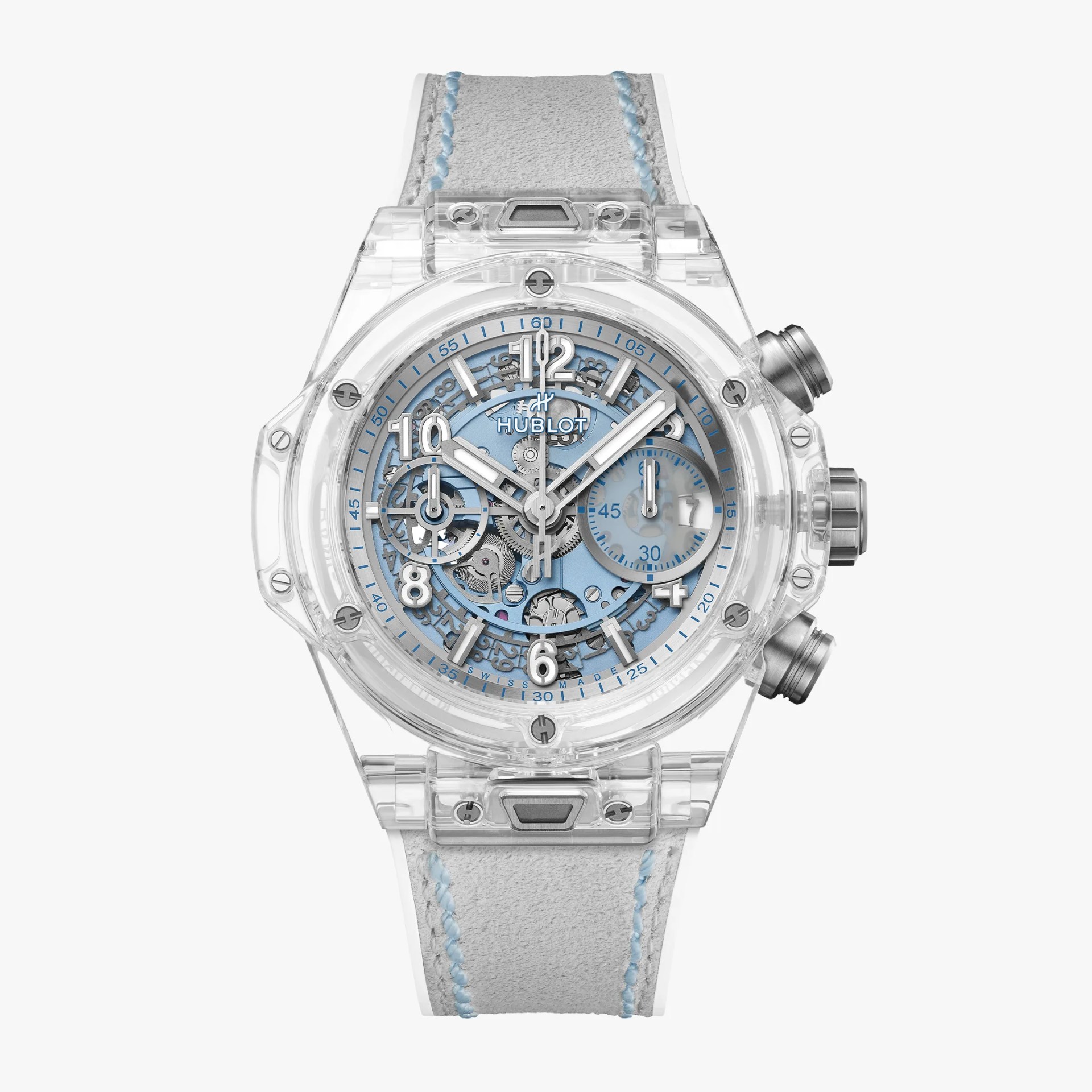 Transparent Hublot wristwatch with light blue skeleton dial and light gray strap with blue stitching.