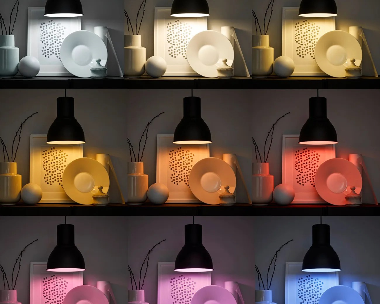 Nine images showing a black pendant lamp illuminating a still life of white ceramic vases, a plate, a ball, and framed art, each with different colored lighting.
