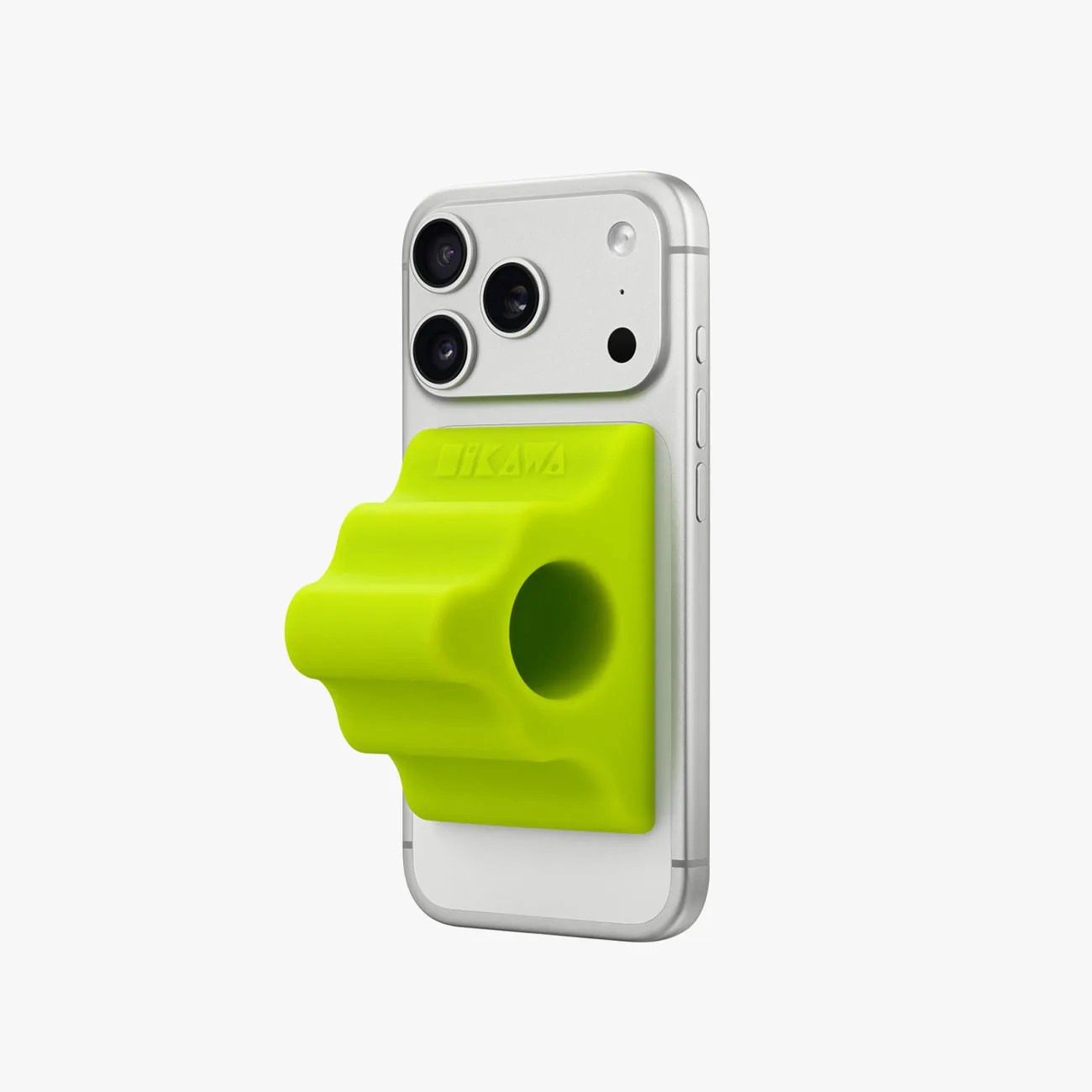 Silver smartphone with a bright green, textured grip accessory attached to the back.