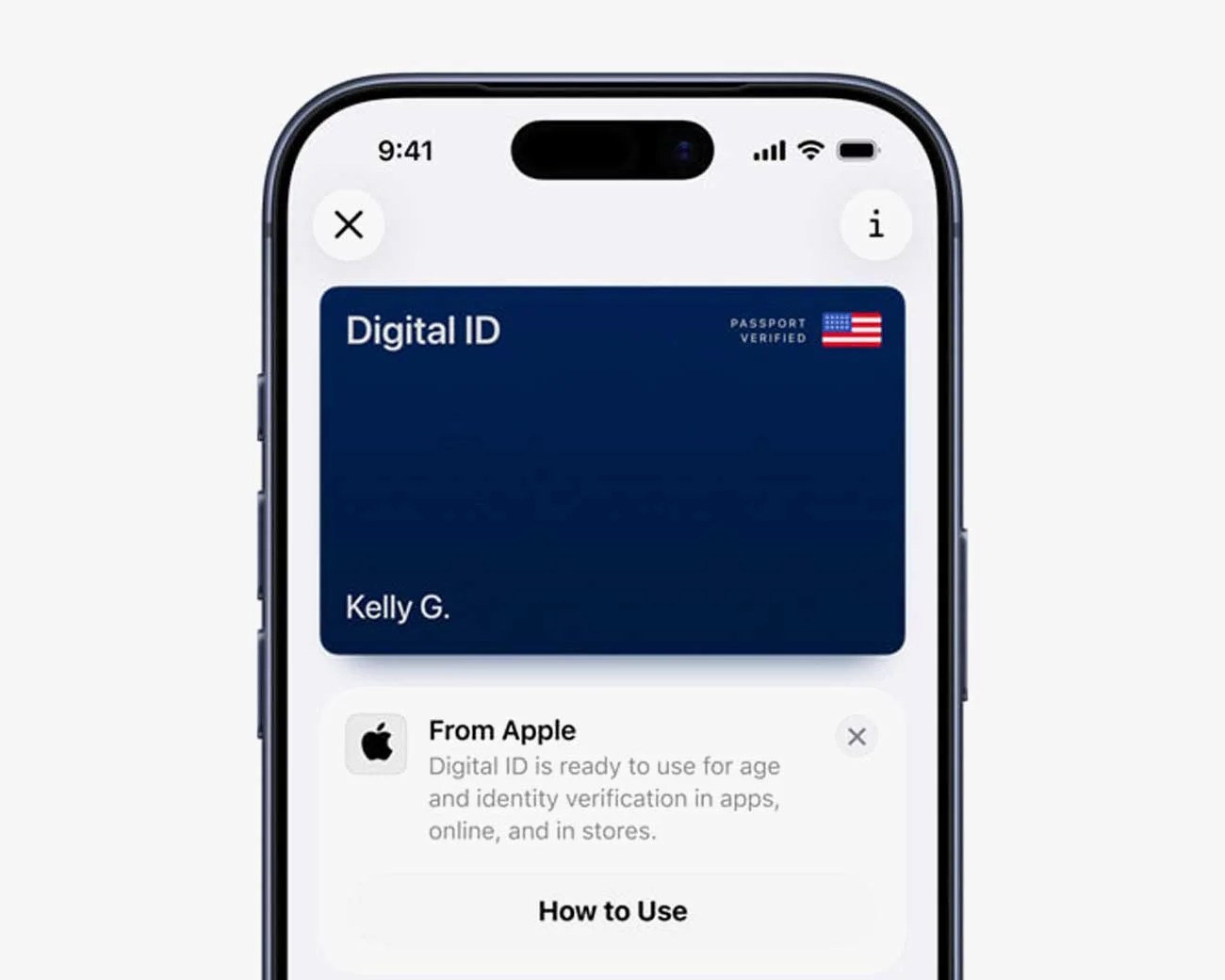 Smartphone screen showing a digital ID card labeled "Digital ID" with the name Kelly G. and a U.S. flag, alongside a message from Apple about age and identity verification.