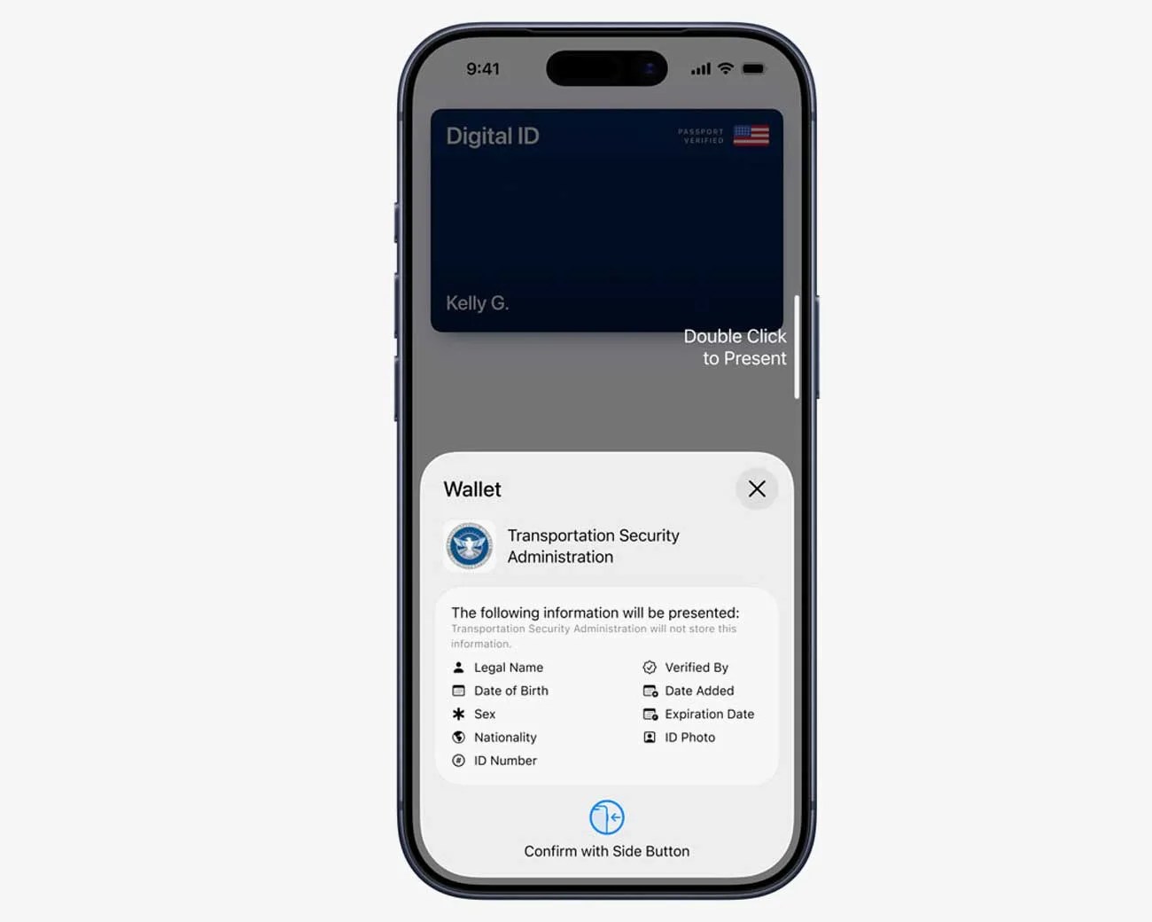 Smartphone screen showing a digital ID in a wallet app with TSA verification and personal information details.