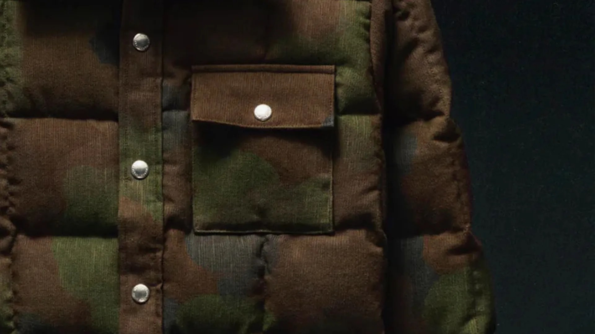 Close-up of a camouflage-patterned padded jacket with a snap-button flap pocket and silver snap buttons down the front.