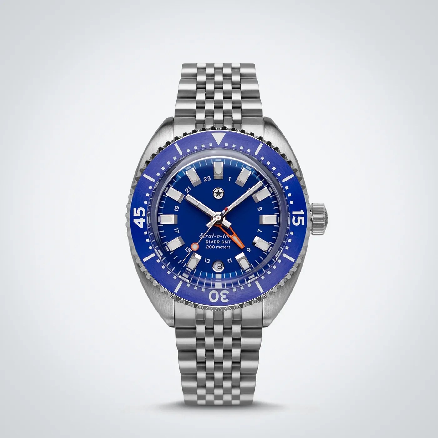 Stainless steel diver's watch with blue dial, blue bezel, and orange GMT hand on metal bracelet.
