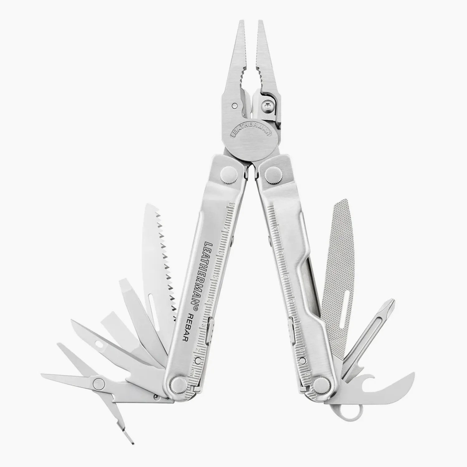 Stainless steel Leatherman Rebar multi-tool with pliers, scissors, saw, file, screwdriver, and other fold-out tools.