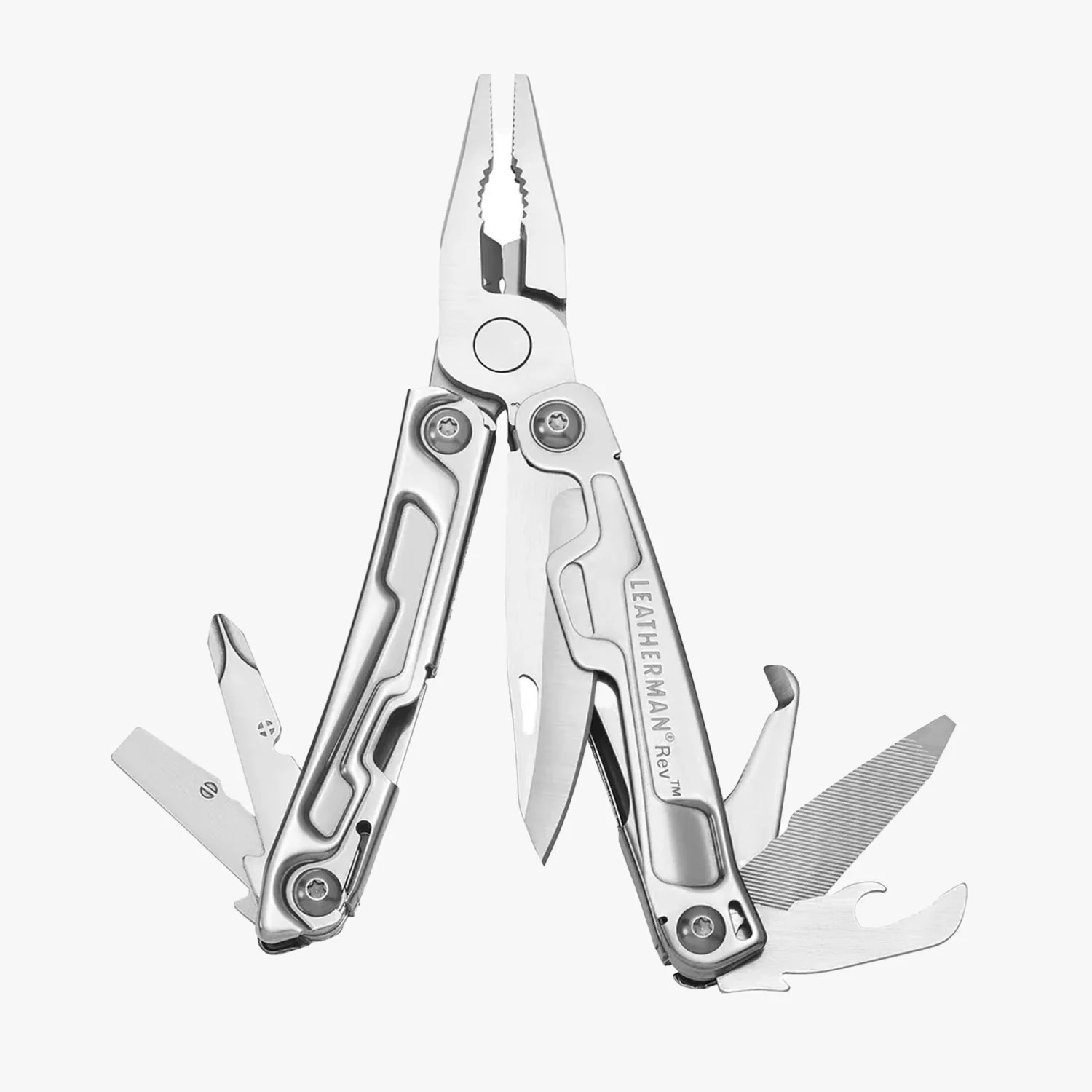 Stainless steel Leatherman Rev multi-tool with pliers, knife, file, and various fold-out tools.