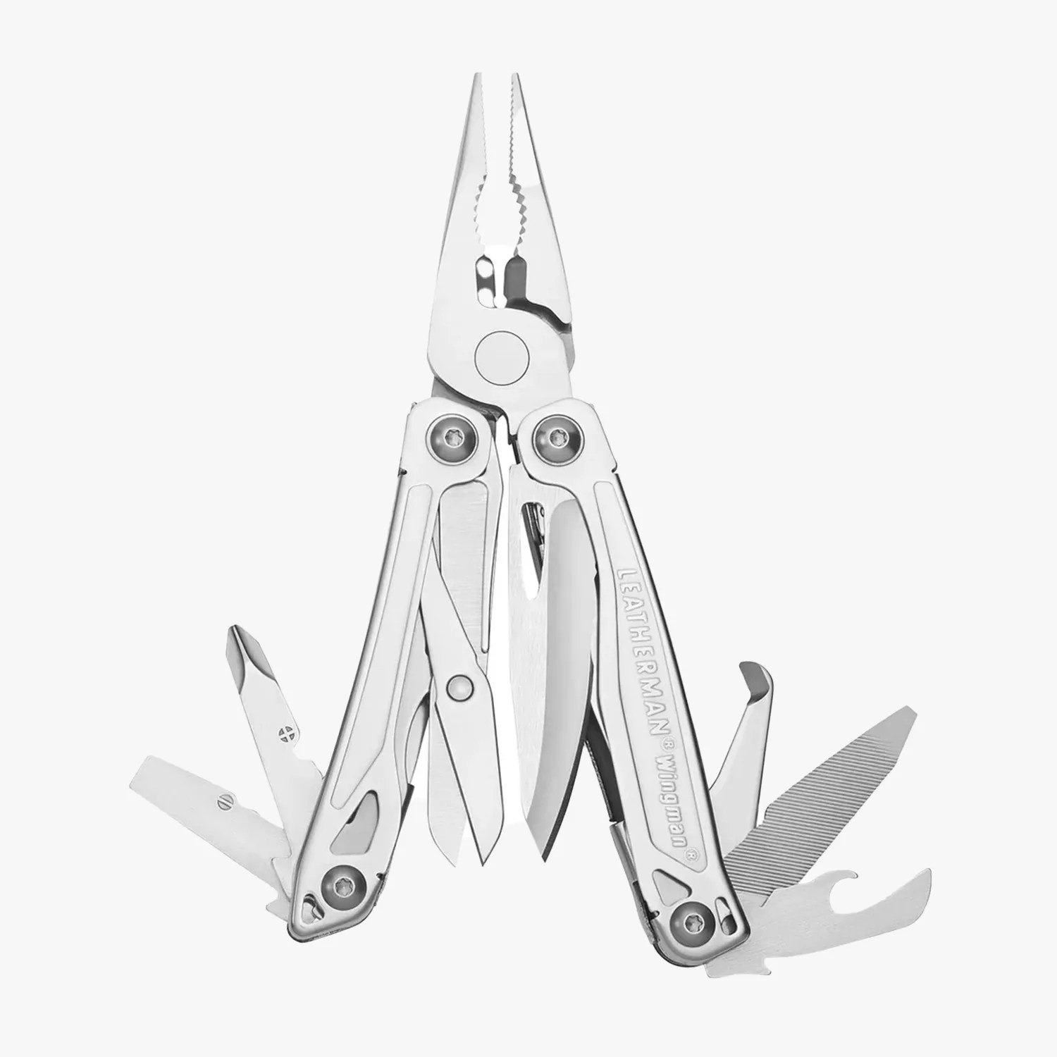 Stainless steel Leatherman Wingman multitool with pliers, scissors, knife, file, and other fold-out tools.