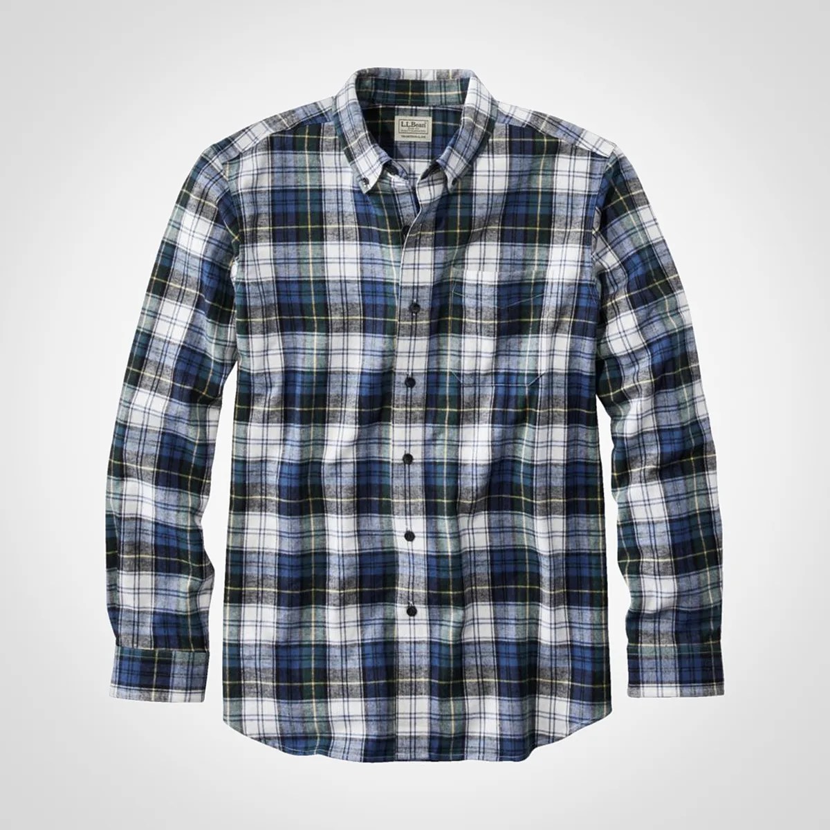 Blue, green, black, and white plaid button-up flannel shirt with long sleeves and a collar.