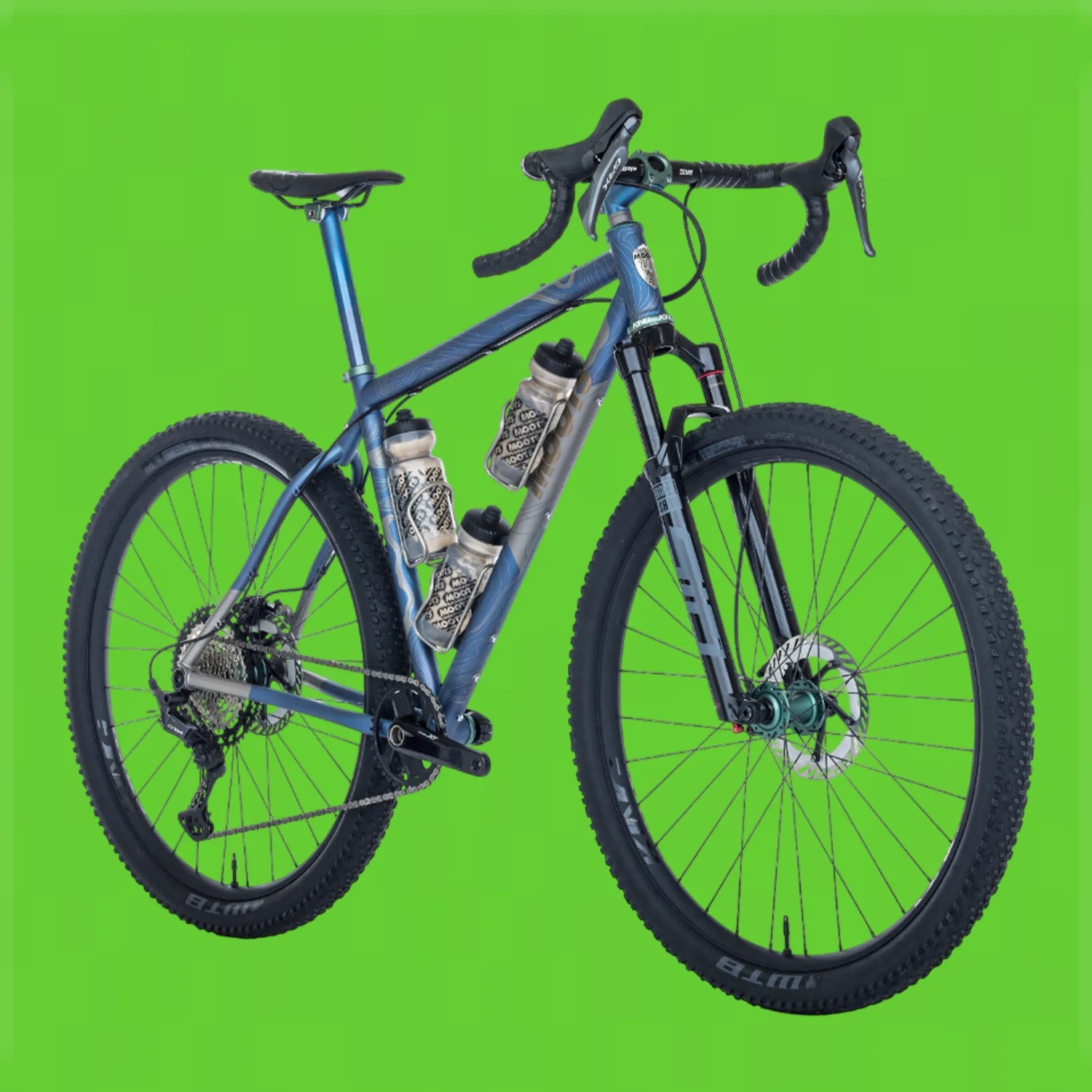 Blue and gray mountain bike with drop handlebars, knobby tires, and three water bottles mounted on the frame.