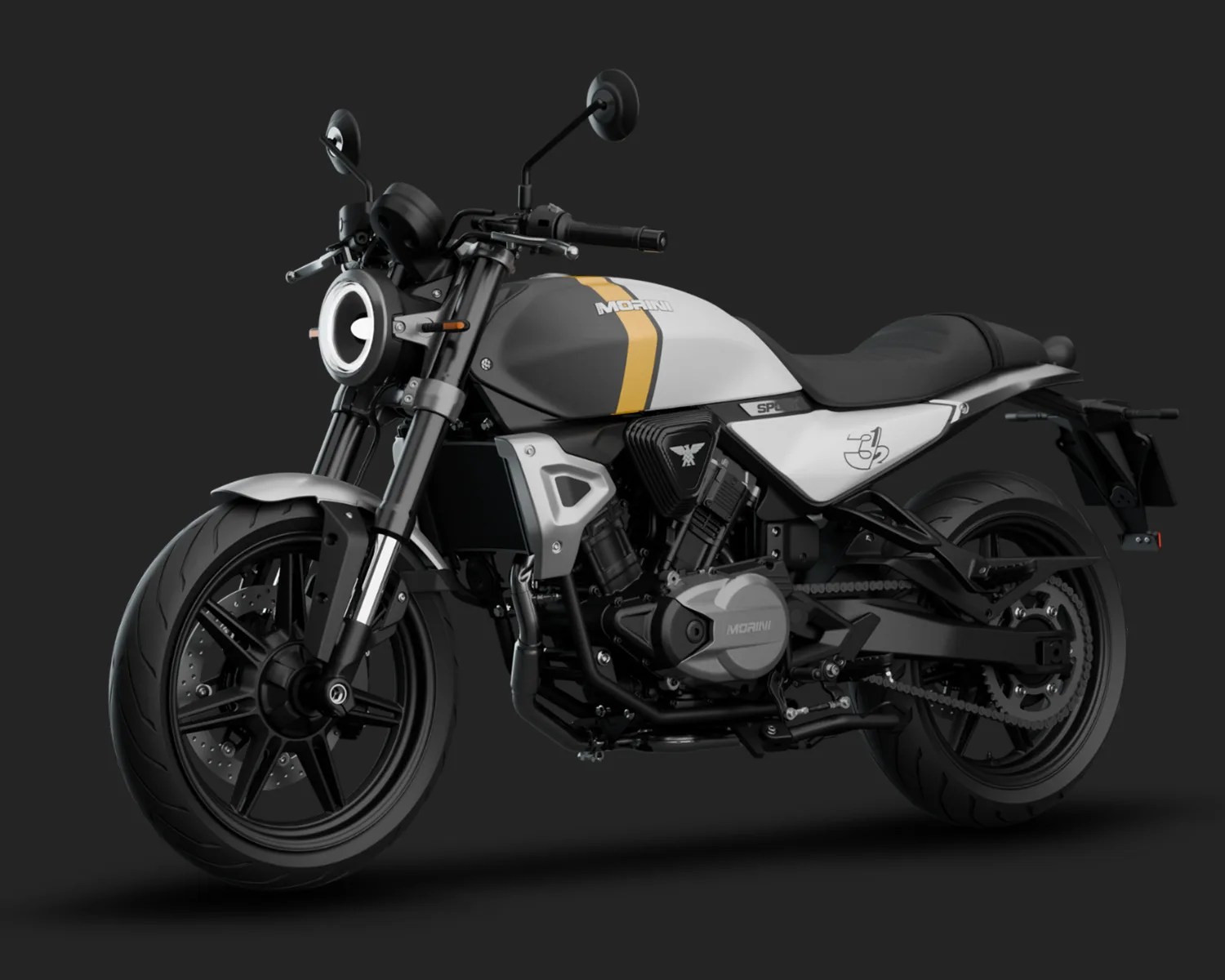 Matte gray and white Moto Morini motorcycle with yellow stripe and black seat on a dark background.