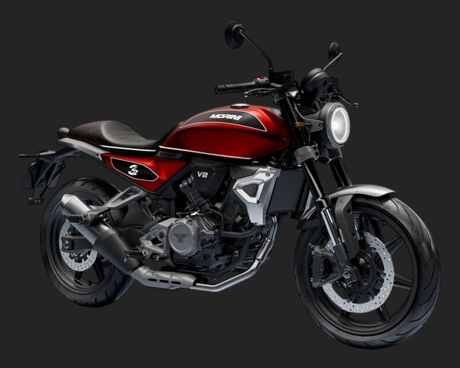 Red and black Morini V2 sport motorcycle with round headlight and black alloy wheels on a dark background.