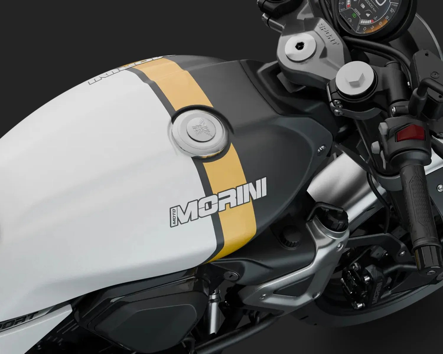 White and black Moto Morini motorcycle fuel tank with a yellow stripe and silver fuel cap.