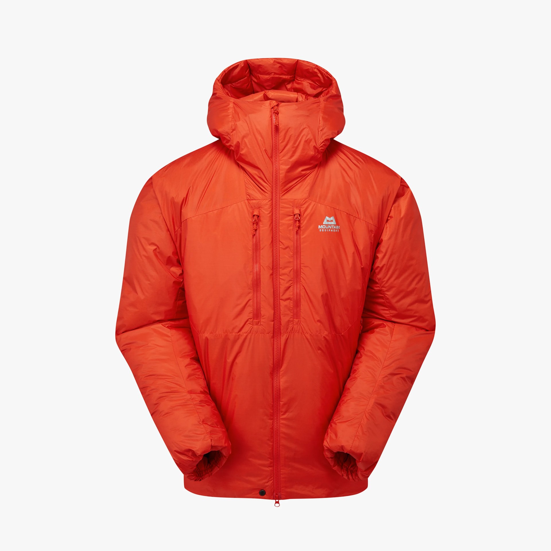 Bright orange insulated jacket with hood and two vertical chest zip pockets.