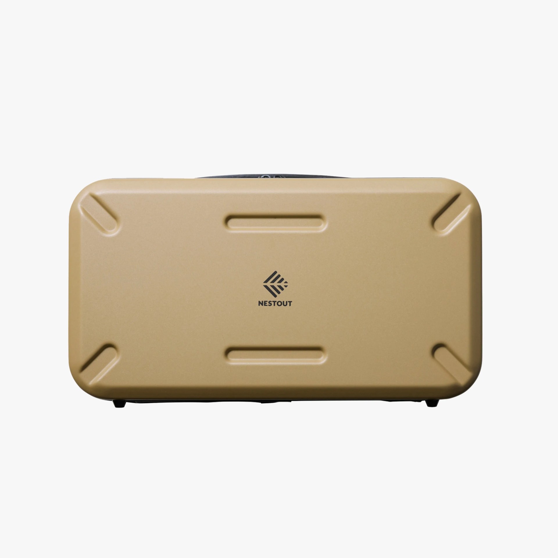 Rectangular tan hard-shell suitcase with rounded corners and black Nestout logo centered on front.