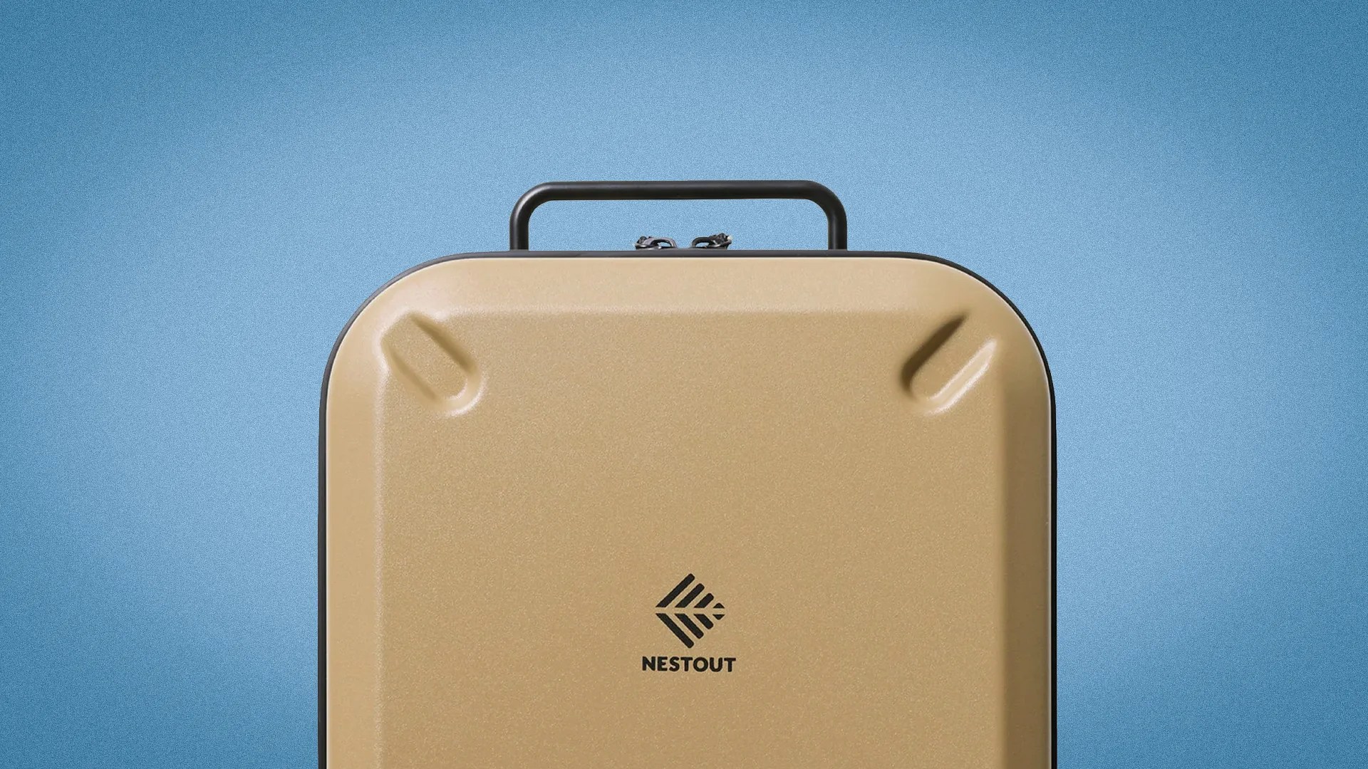Tan hard-shell suitcase with black handle and Nestout logo on a blue background.