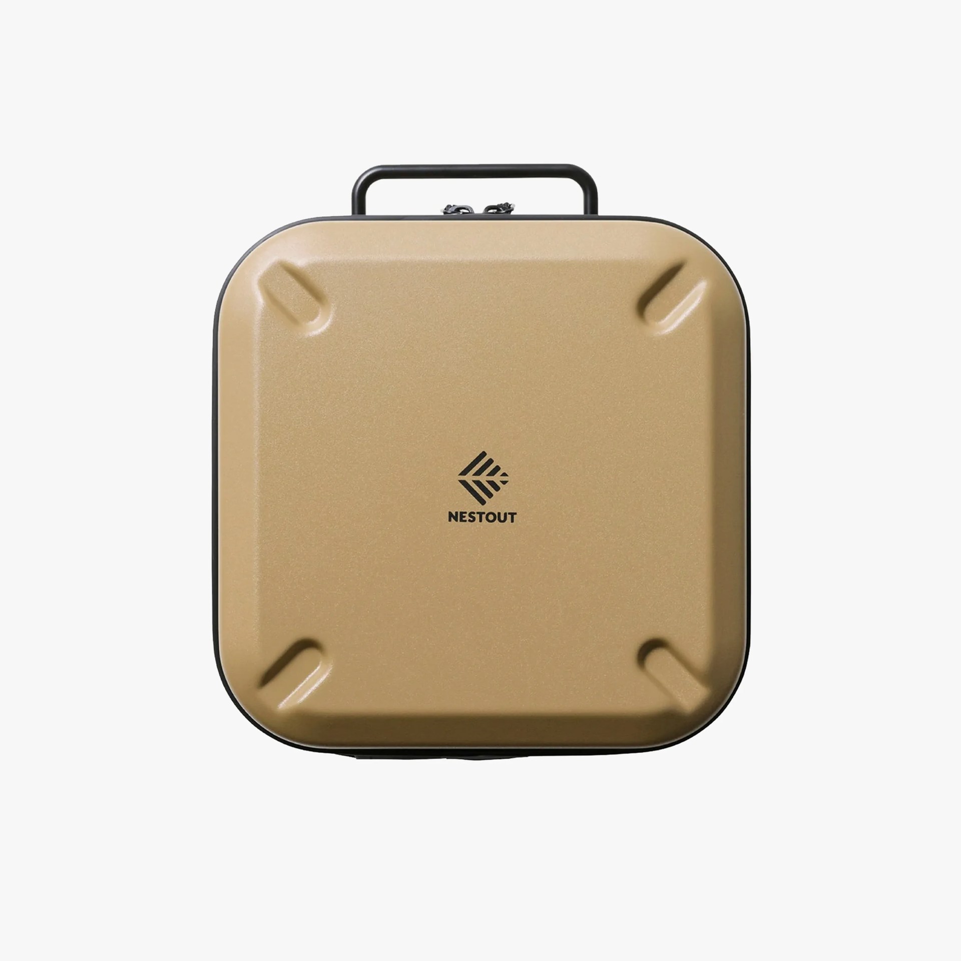 Square tan hard-shell suitcase with black handle and Nestout logo on front.