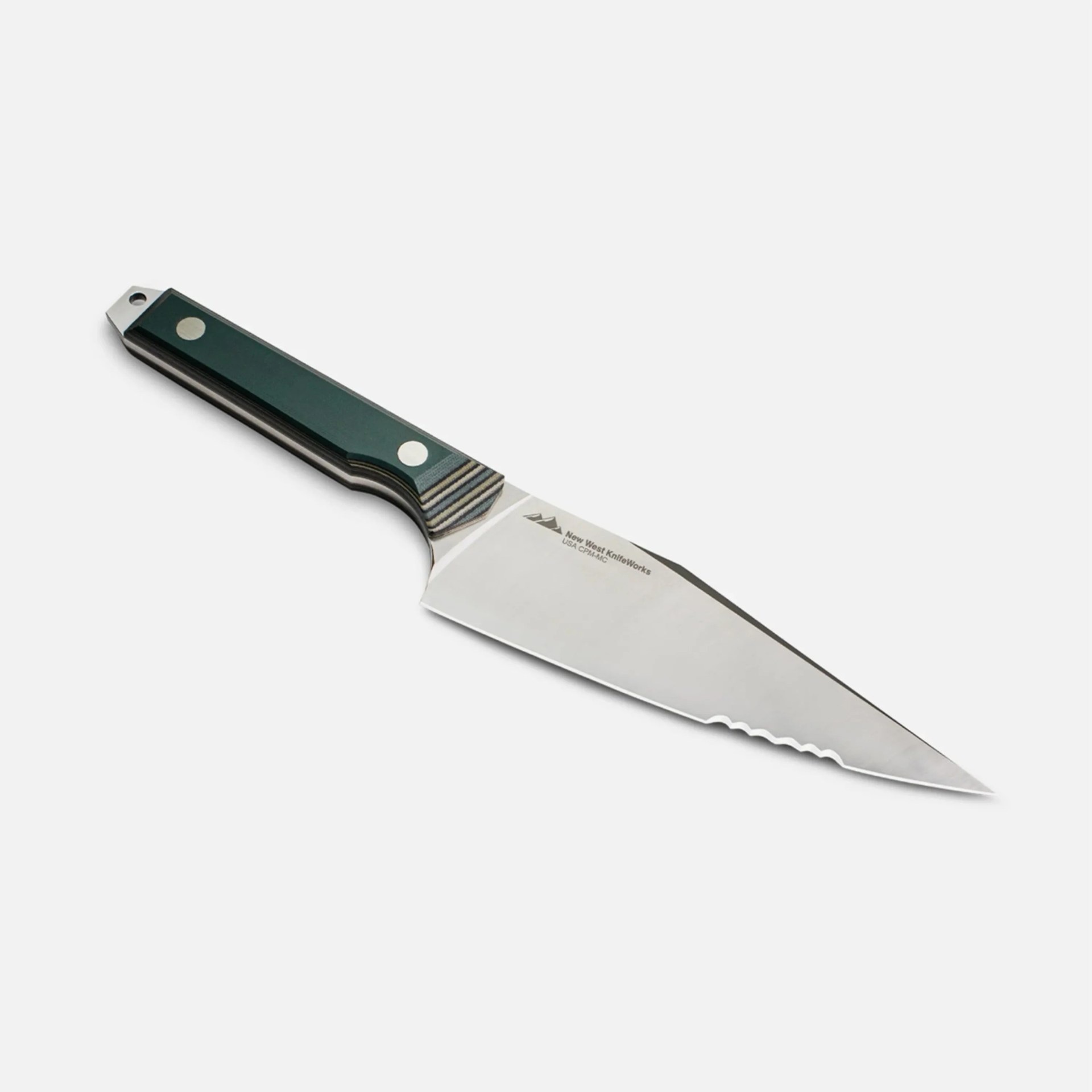 Knife with a green and black layered handle and a partially serrated stainless steel blade.