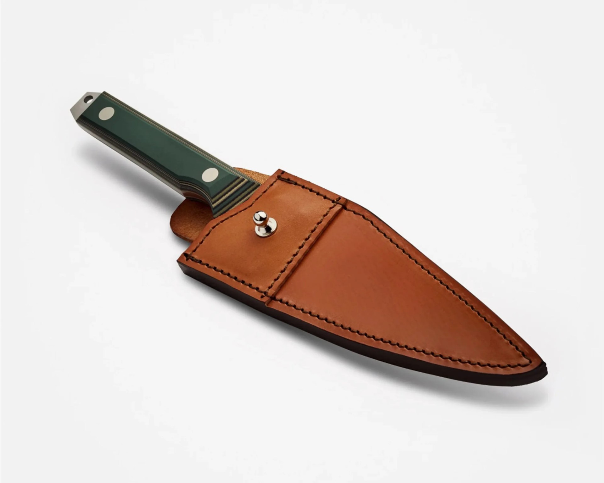 Green and black layered handle knife partially sheathed in a brown leather case with black stitching and a metal snap button.