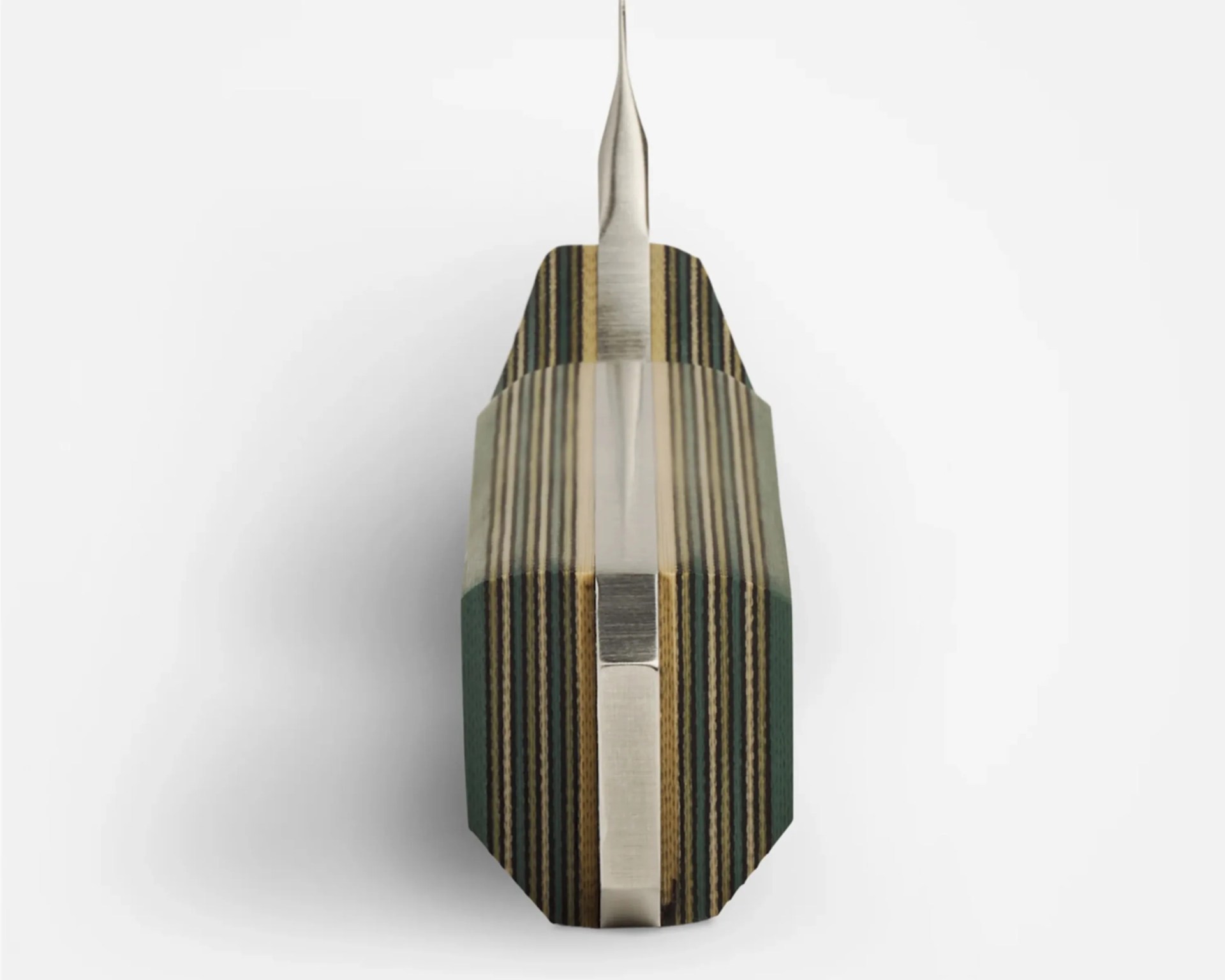 Top view of a knife with a striped wooden handle and a visible metal tang running through the center.