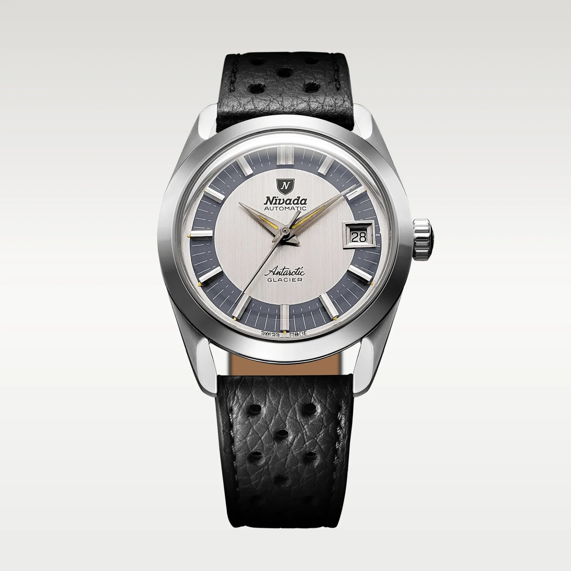 Silver Nivada Antarctic Glacier automatic watch with black perforated leather strap and date window.