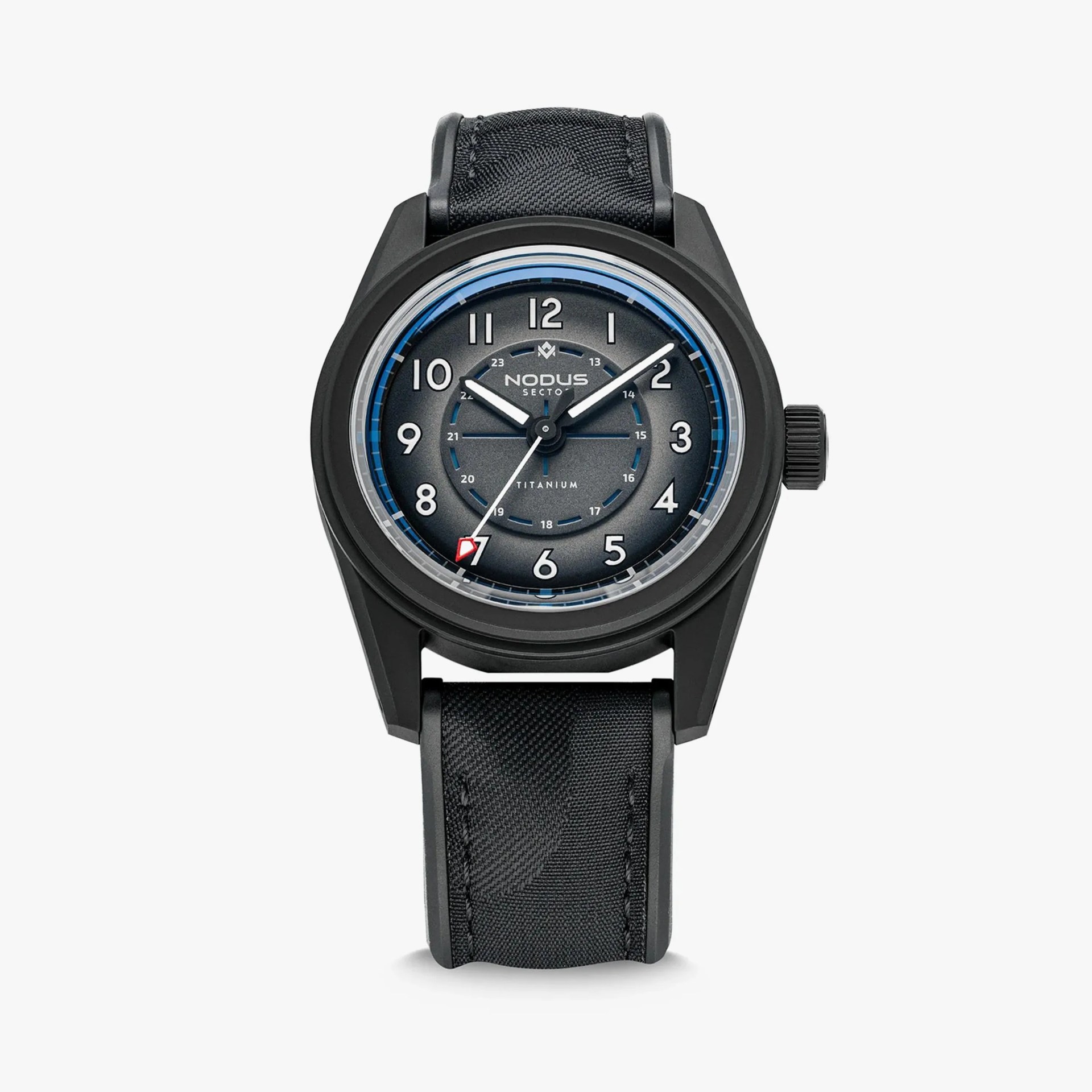 Black titanium wristwatch with black fabric strap, blue and white accents, and white numerals on the dial.