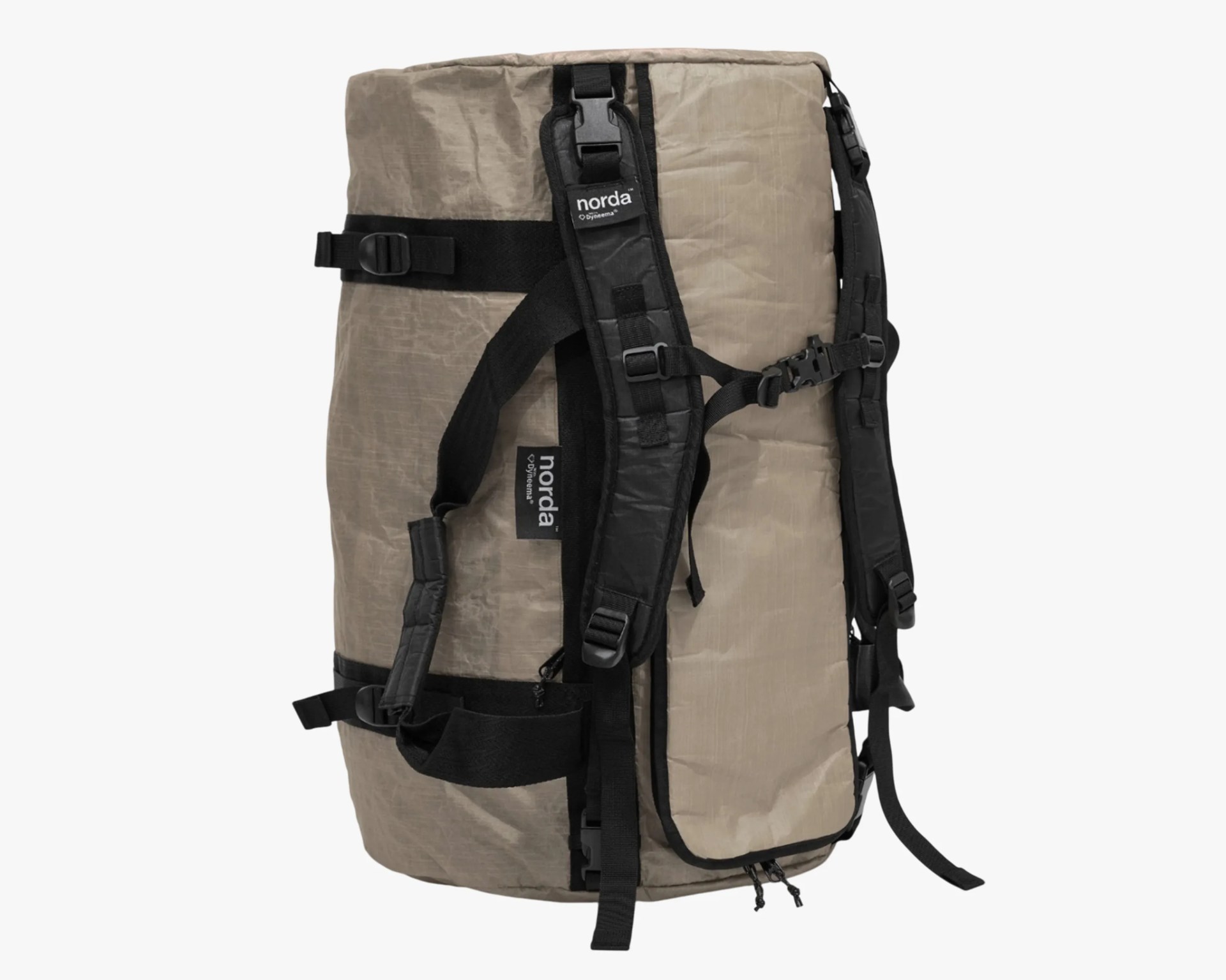 Beige and black cylindrical backpack with padded shoulder straps and multiple adjustable buckles.