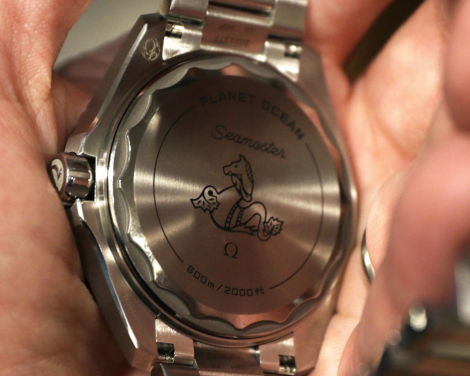 Back of a stainless steel Omega Seamaster Planet Ocean watch showing engraving of a seahorse and water resistance of 600m/2000ft.