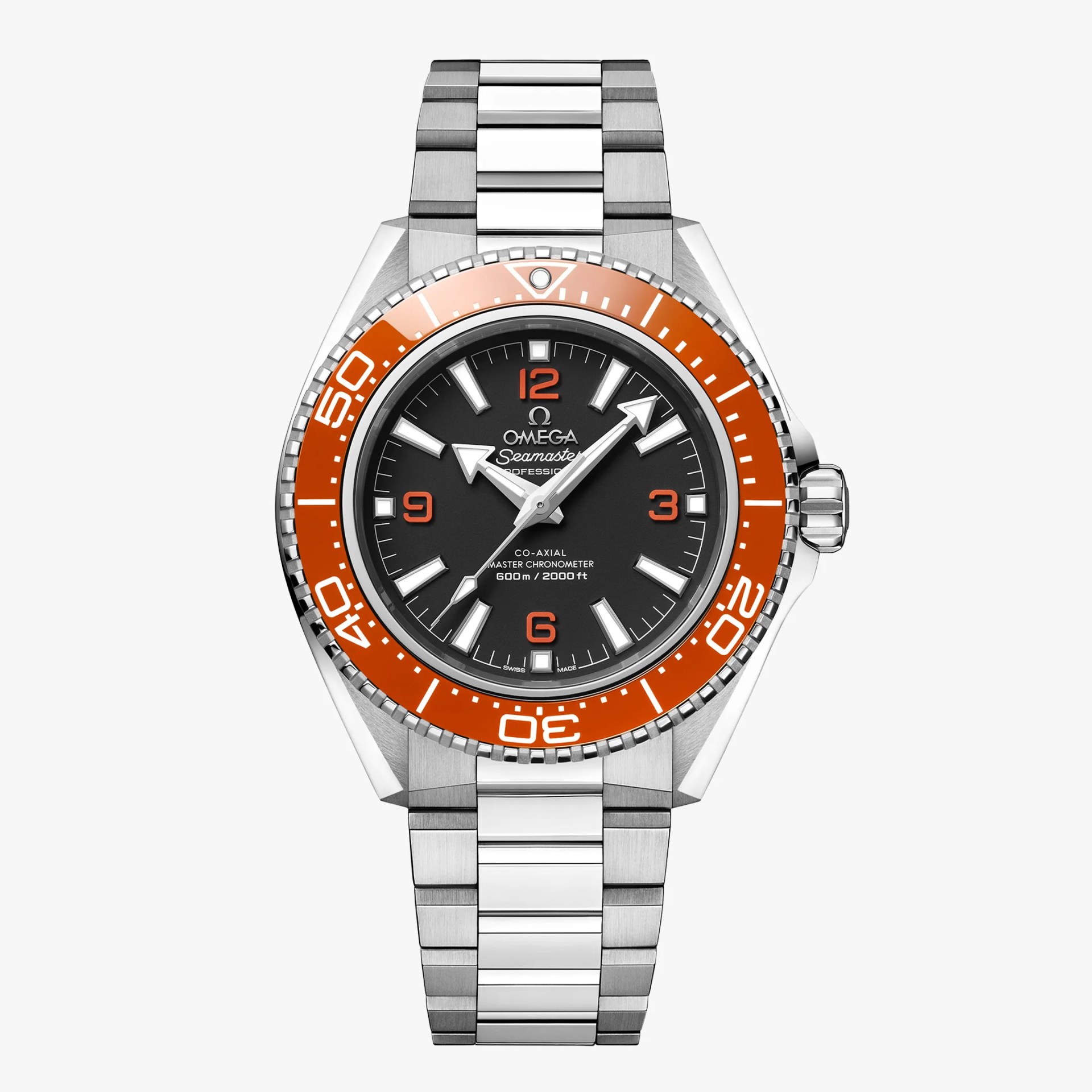 Stainless steel Omega Seamaster watch with black dial, orange bezel, and silver bracelet.