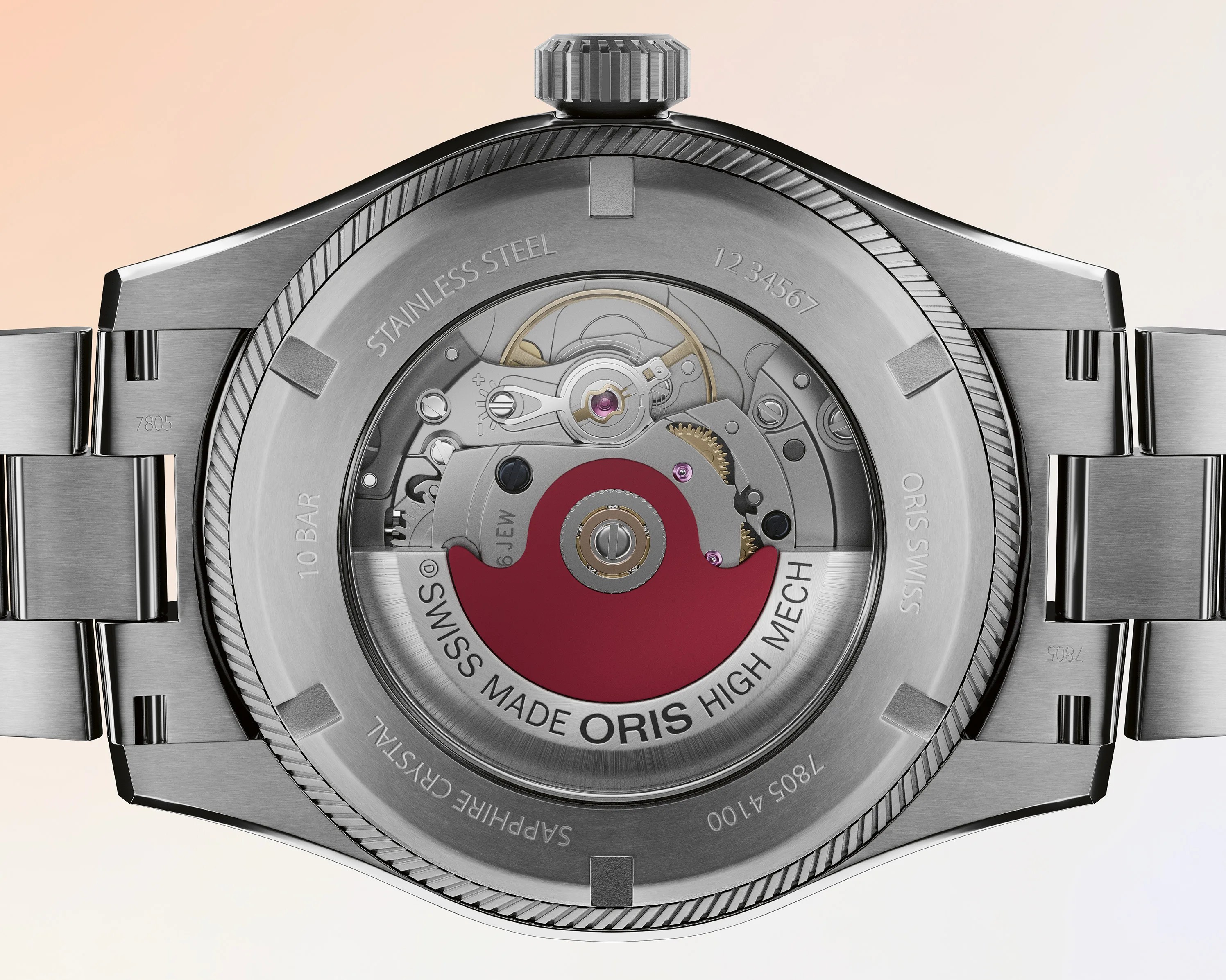 Back of a stainless steel Oris wristwatch showing the mechanical movement with a red rotor and sapphire crystal case back.