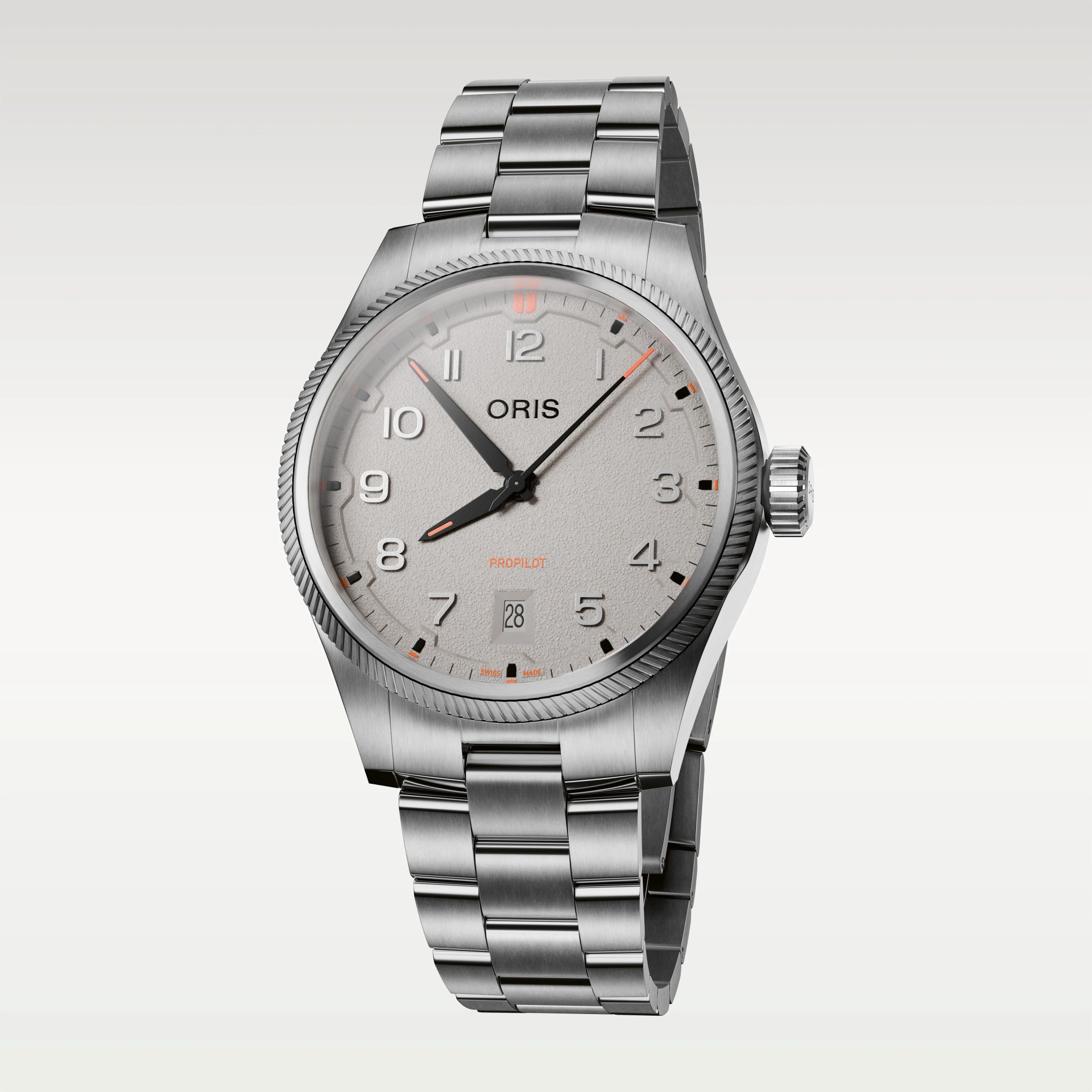 Silver stainless steel Oris ProPilot wristwatch with textured light gray dial and date window at 6 o'clock.