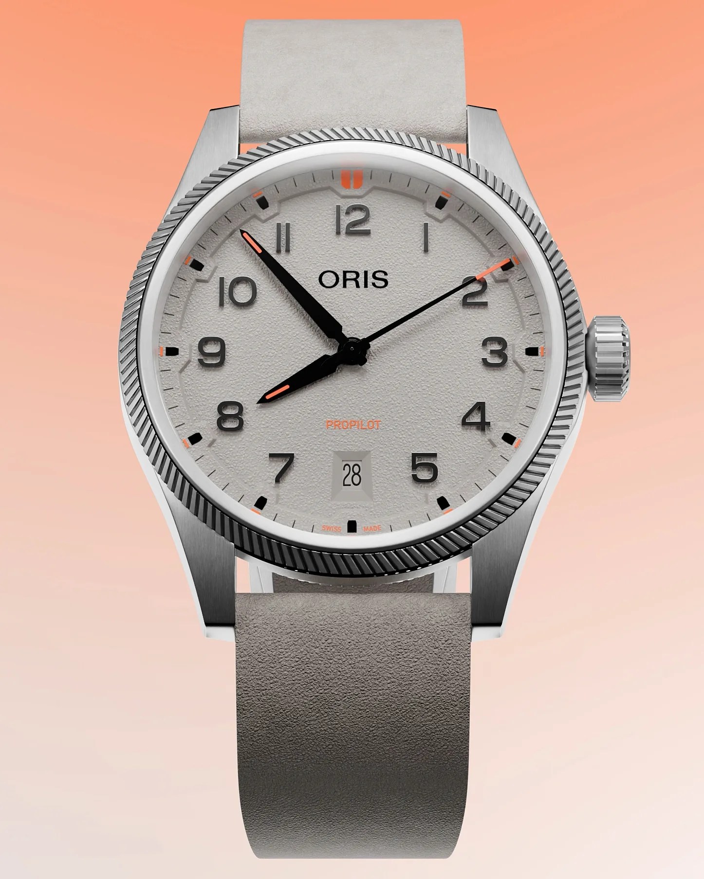 Silver Oris ProPilot watch with textured light gray dial, black and orange hands, and gray leather strap.