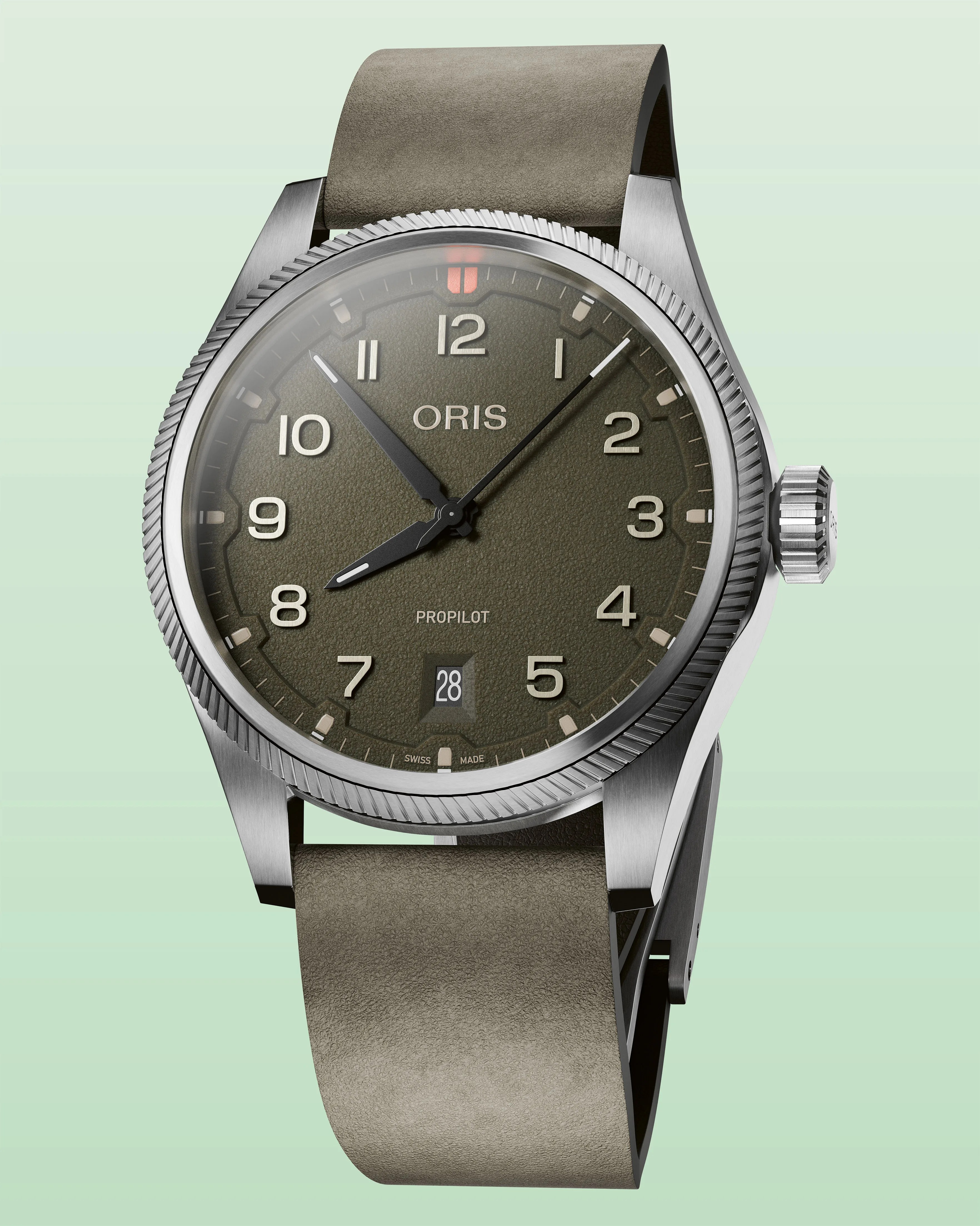 Oris ProPilot wristwatch with olive green textured dial, silver numerals, date window, and matching leather strap.