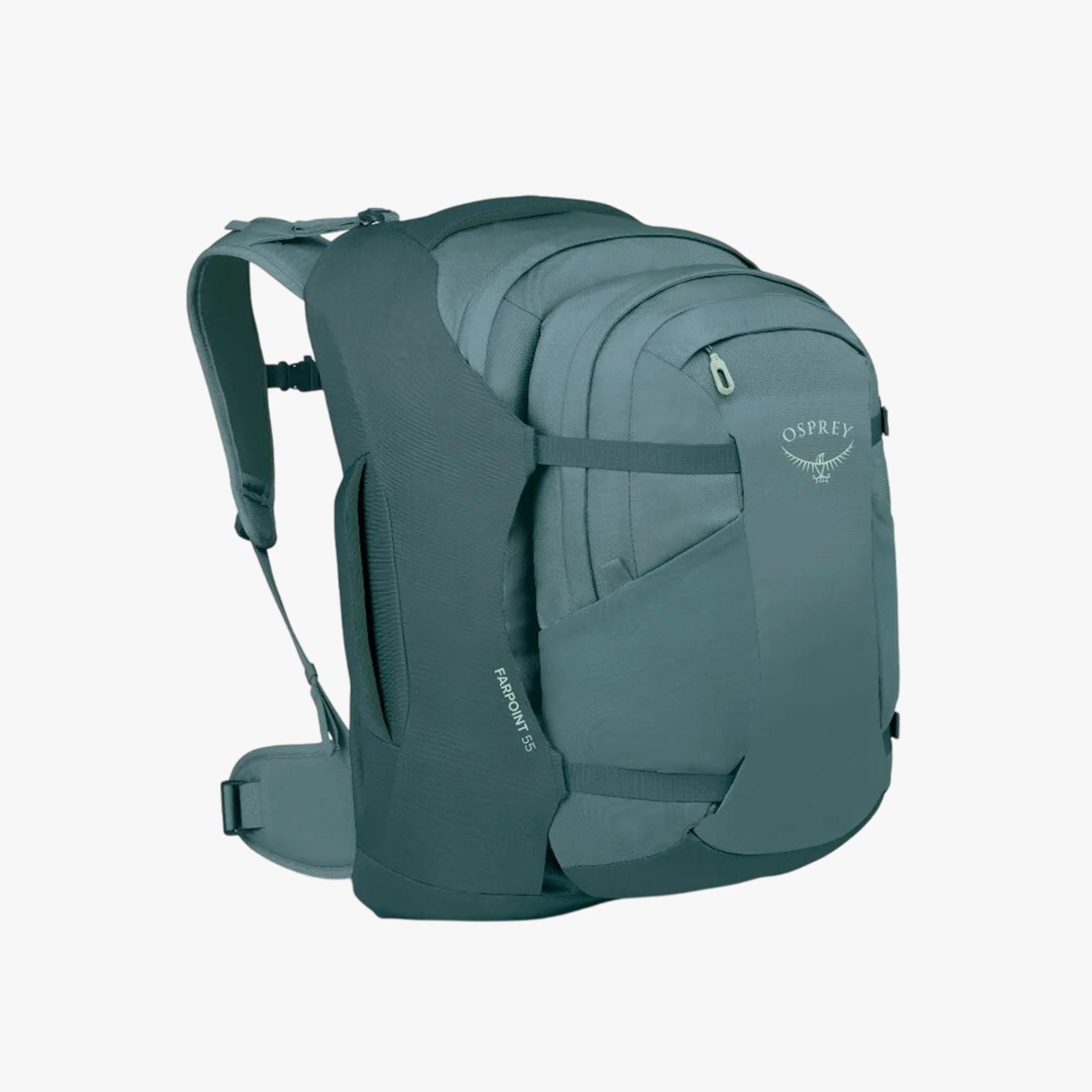 Teal Osprey Farpoint 55 travel backpack with padded shoulder straps and hip belt.