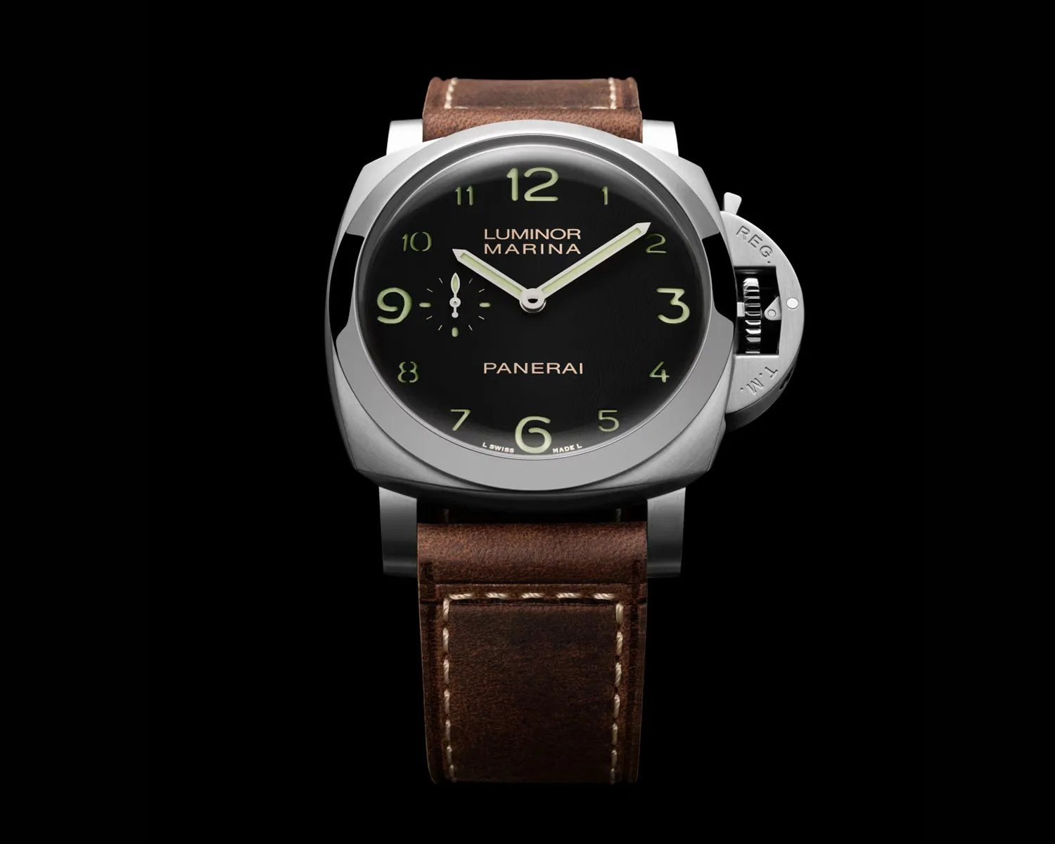 Panerai Luminor Marina watch with black dial, luminous numerals, stainless steel case, and brown leather strap.