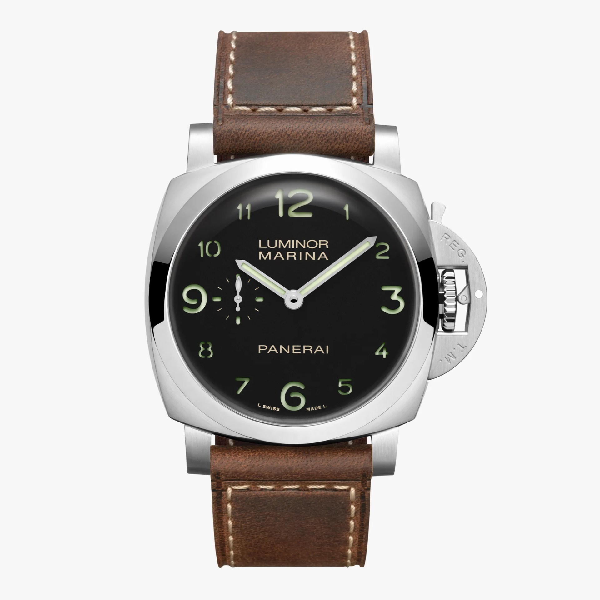 Panerai Luminor Marina watch with black dial, luminous numerals, stainless steel case, and brown leather strap.