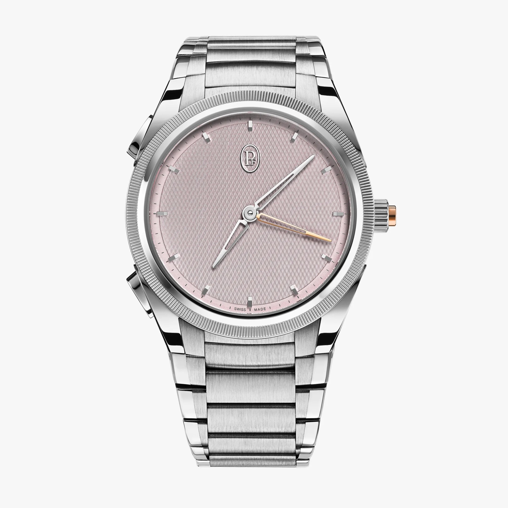 Silver stainless steel wristwatch with a textured pink dial and silver hour markers and hands.