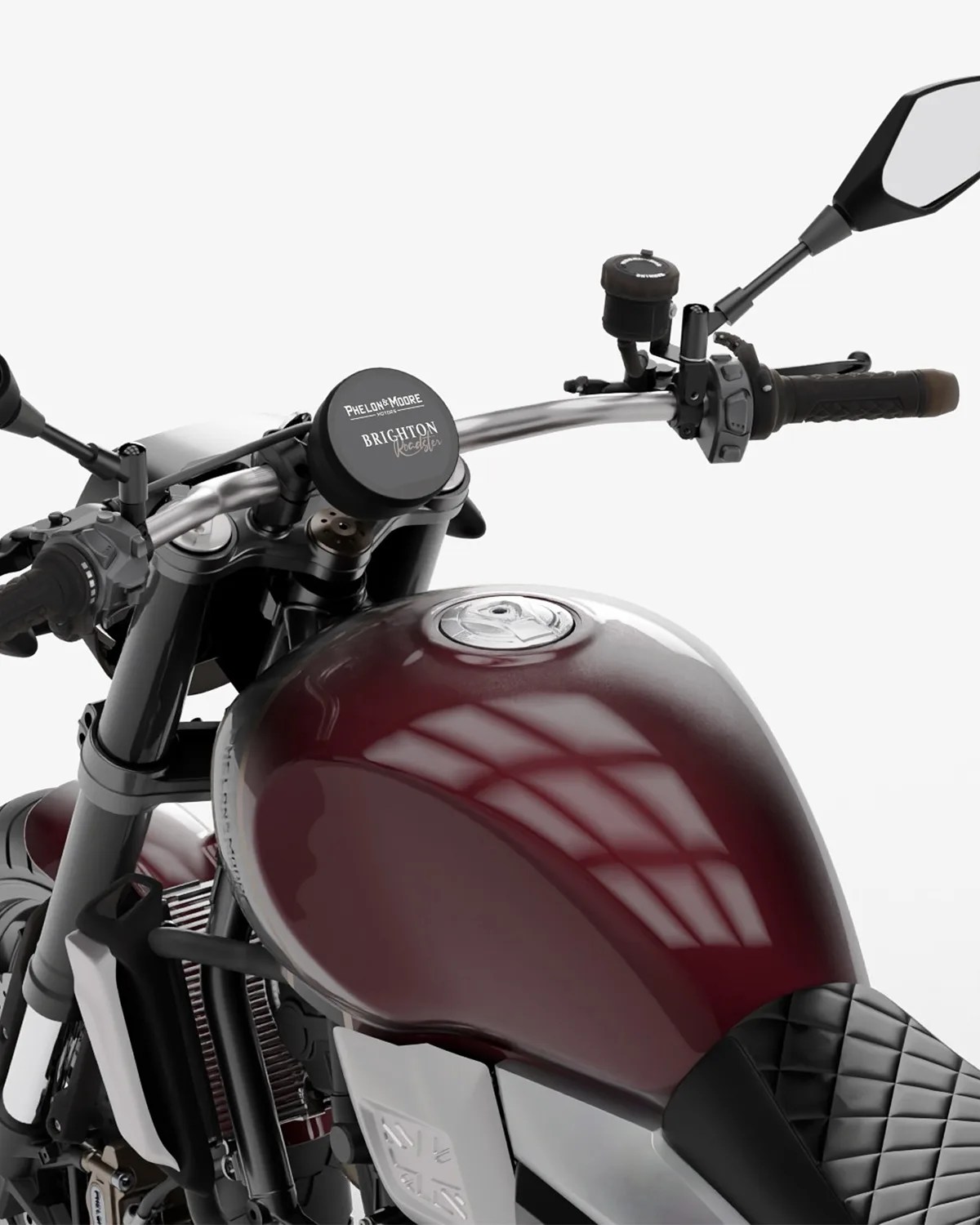 Glossy dark red motorcycle fuel tank with silver cap and black quilted seat, showing handlebars and mirrors.