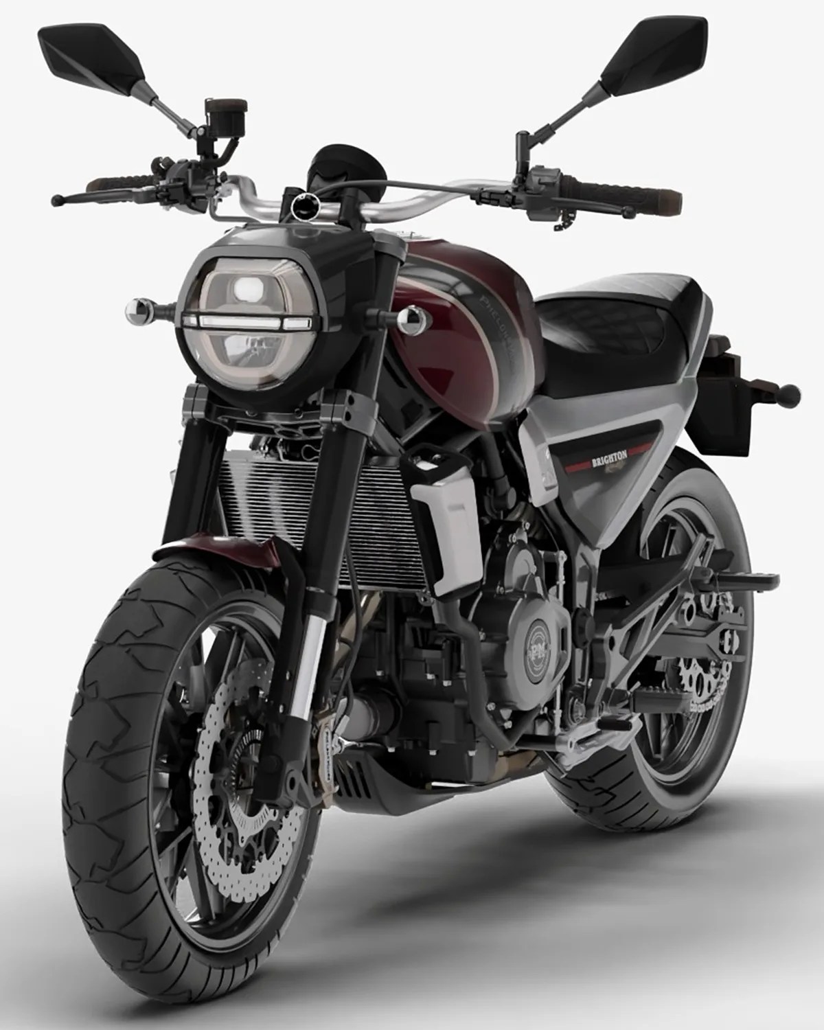 Maroon and black modern motorcycle with round LED headlight and dual rearview mirrors on a white background.