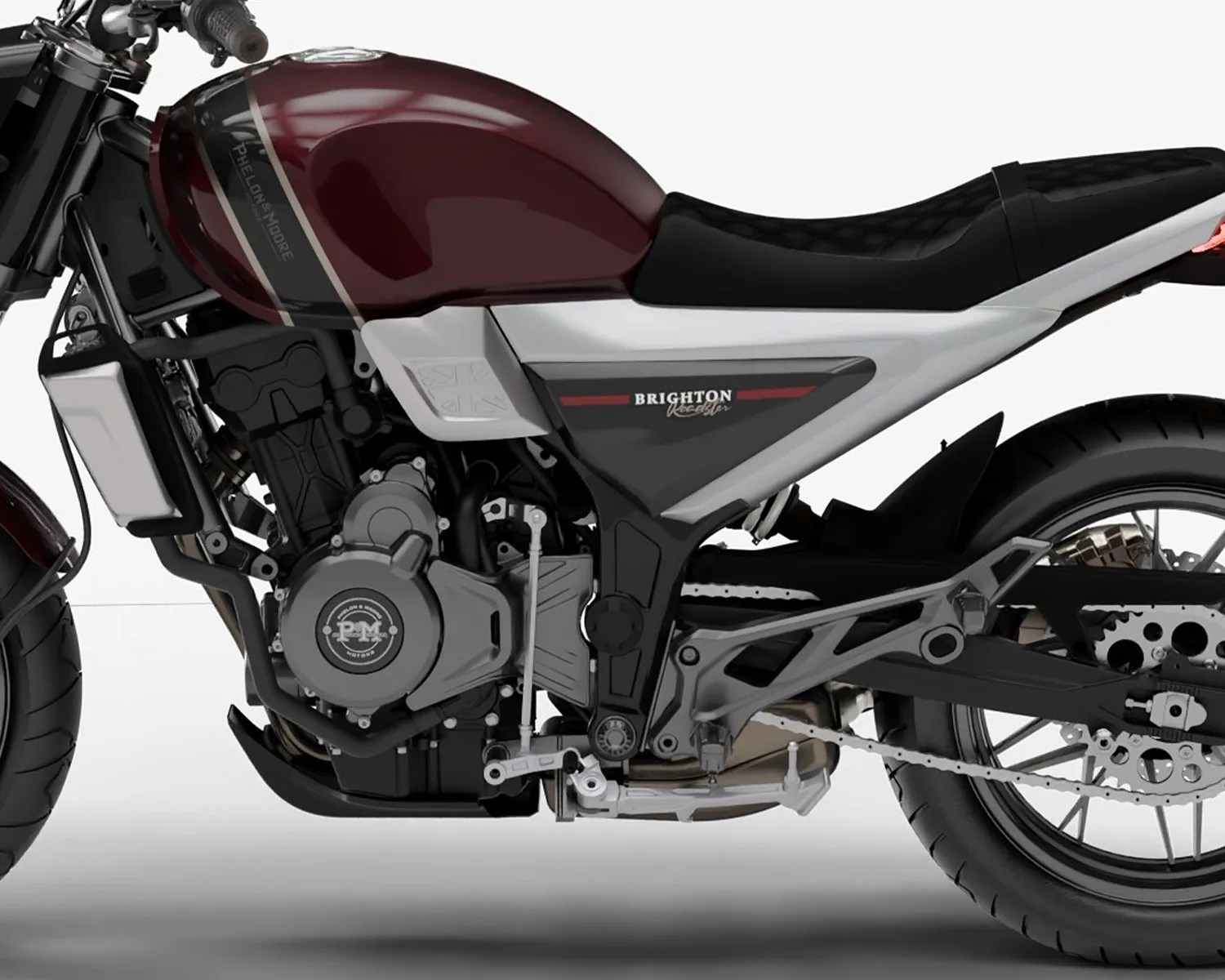 Side view of a maroon and silver Brighton Roaster motorcycle with black seat and visible engine components.