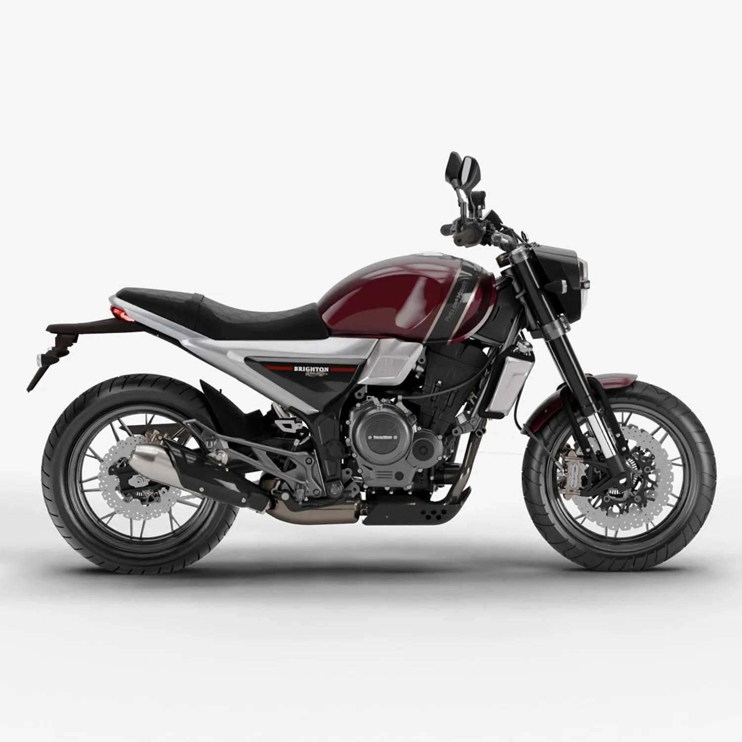 Maroon and silver modern motorcycle with black seat and exposed engine on a white background.