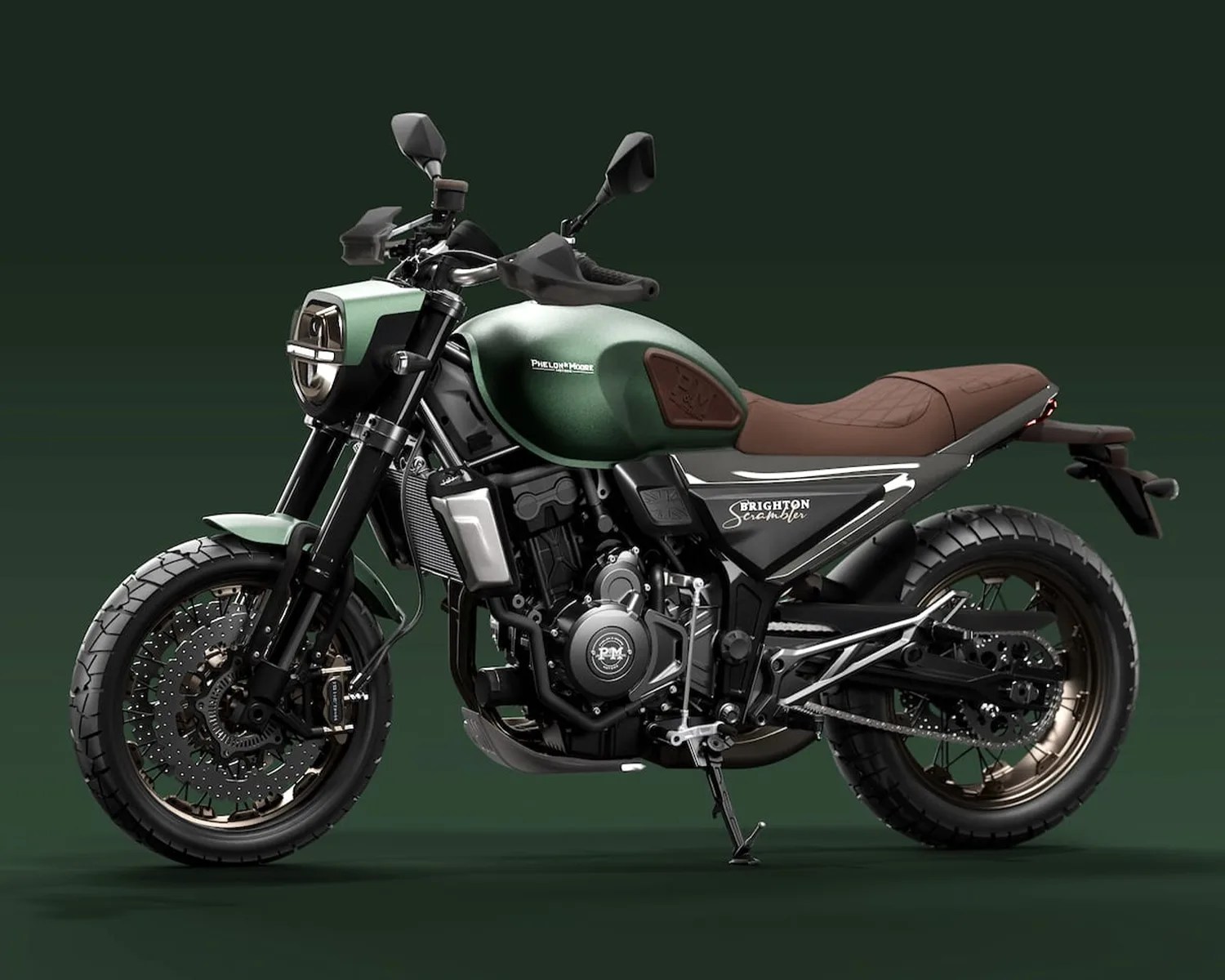 Green and black scrambler motorcycle with brown quilted seat and dual disc front brakes on a dark green background.