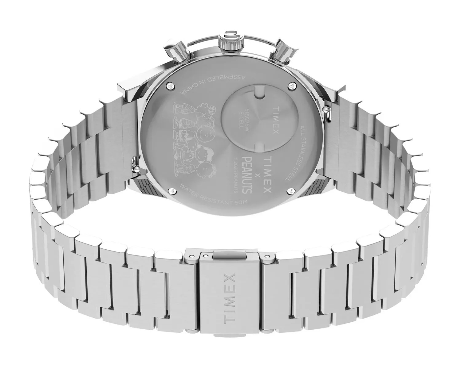 Silver stainless steel Timex watch with Peanuts characters engraved on the back and a metal link bracelet.