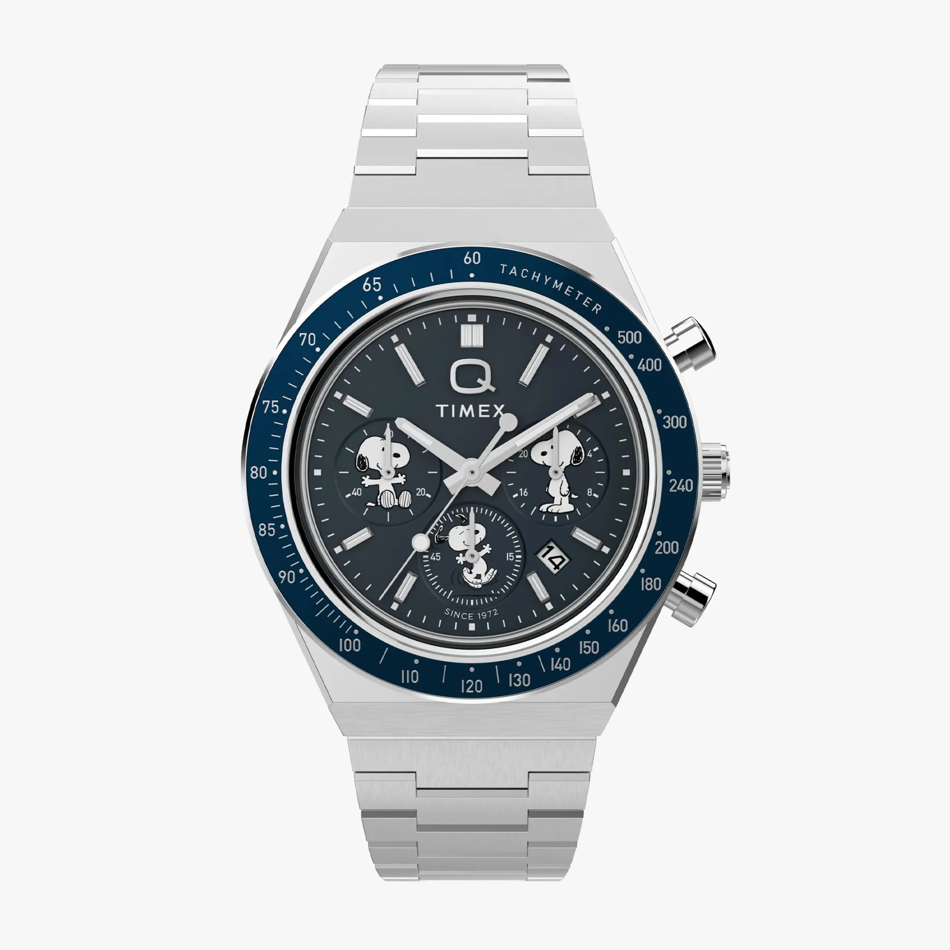 Silver stainless steel Timex chronograph watch with blue tachymeter bezel and Snoopy character subdials.