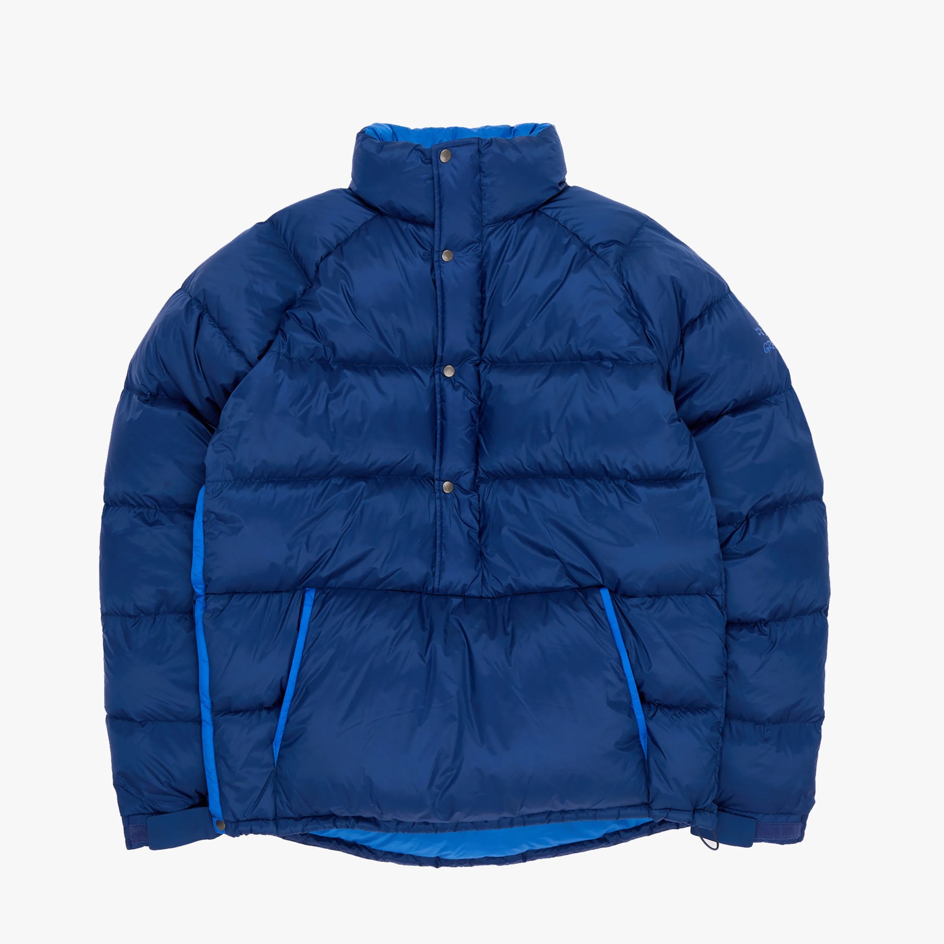 Blue puffer jacket with snap button front and side pockets, featuring a high collar and adjustable cuffs.
