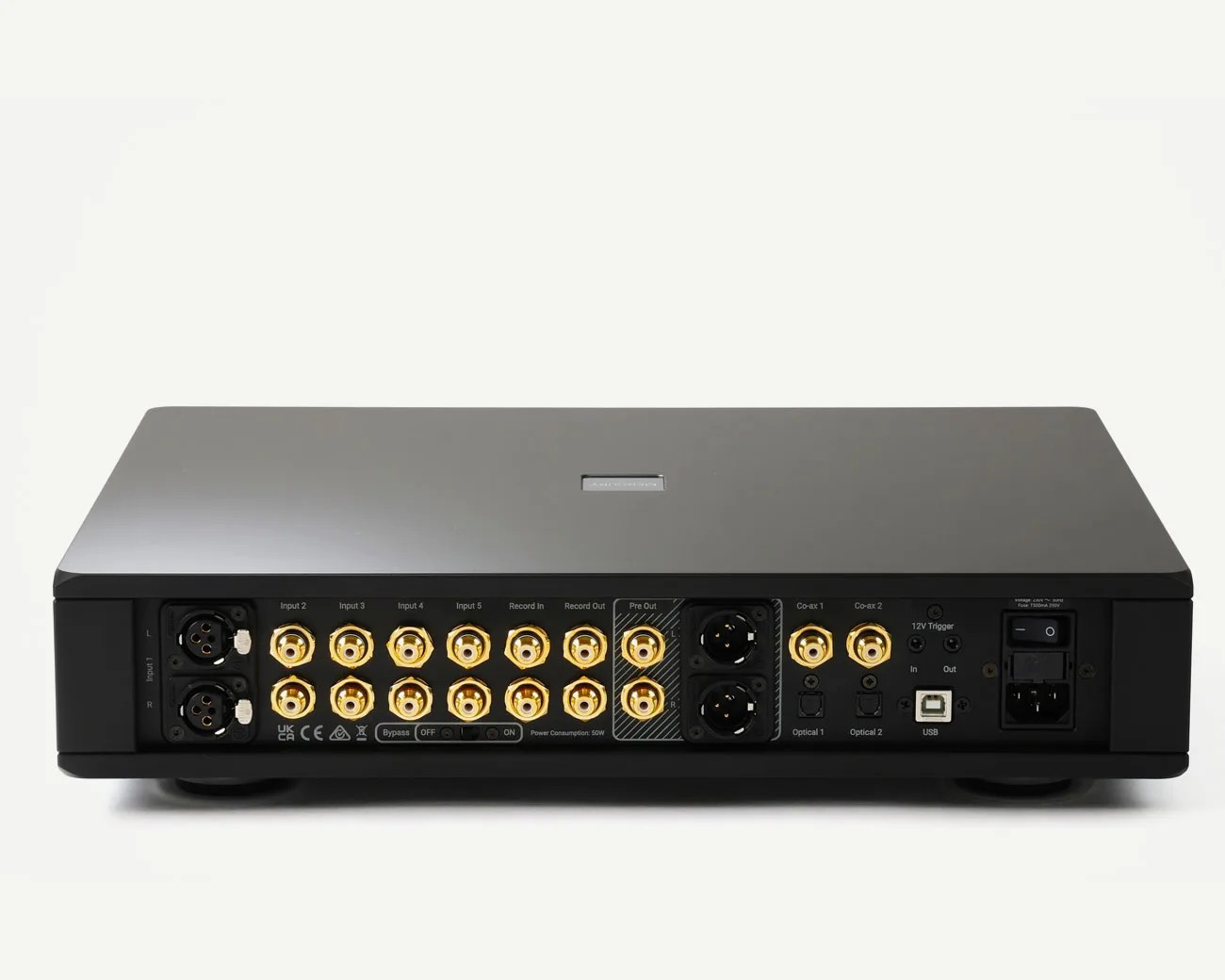 Rear view of a black audio device with multiple gold-plated RCA inputs and outputs, XLR connectors, optical ports, USB port, and power switch.