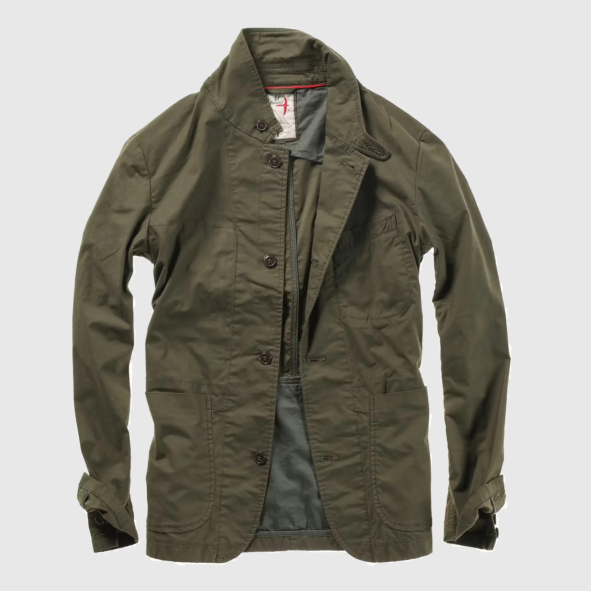 Olive green casual jacket with button closure and patch pockets laid flat on a white background.