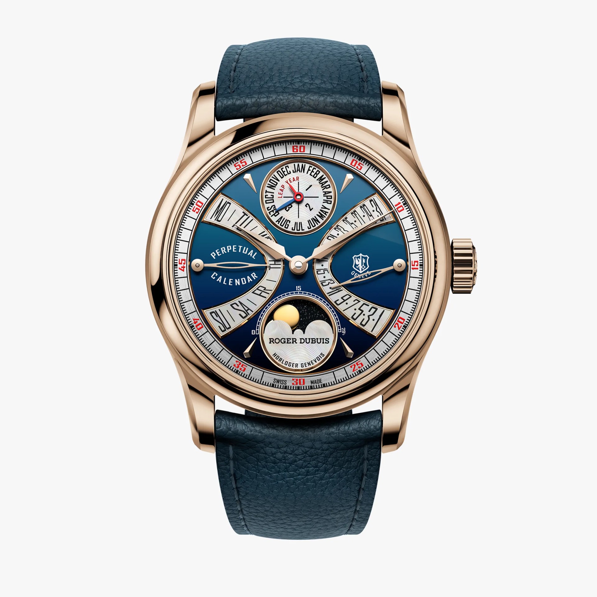 Rose gold perpetual calendar wristwatch with blue dial, moon phase display, and blue leather strap.