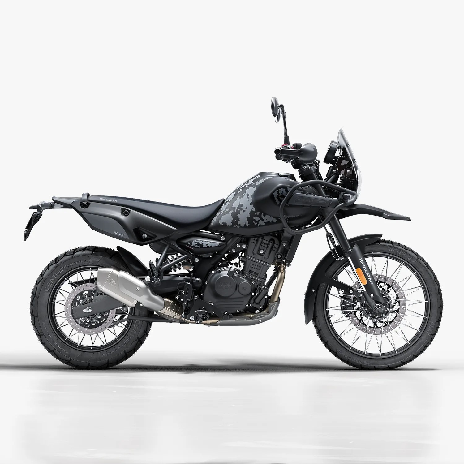 Matte black and gray camo Royal Enfield Himalayan adventure motorcycle with knobby tires on a white background.
