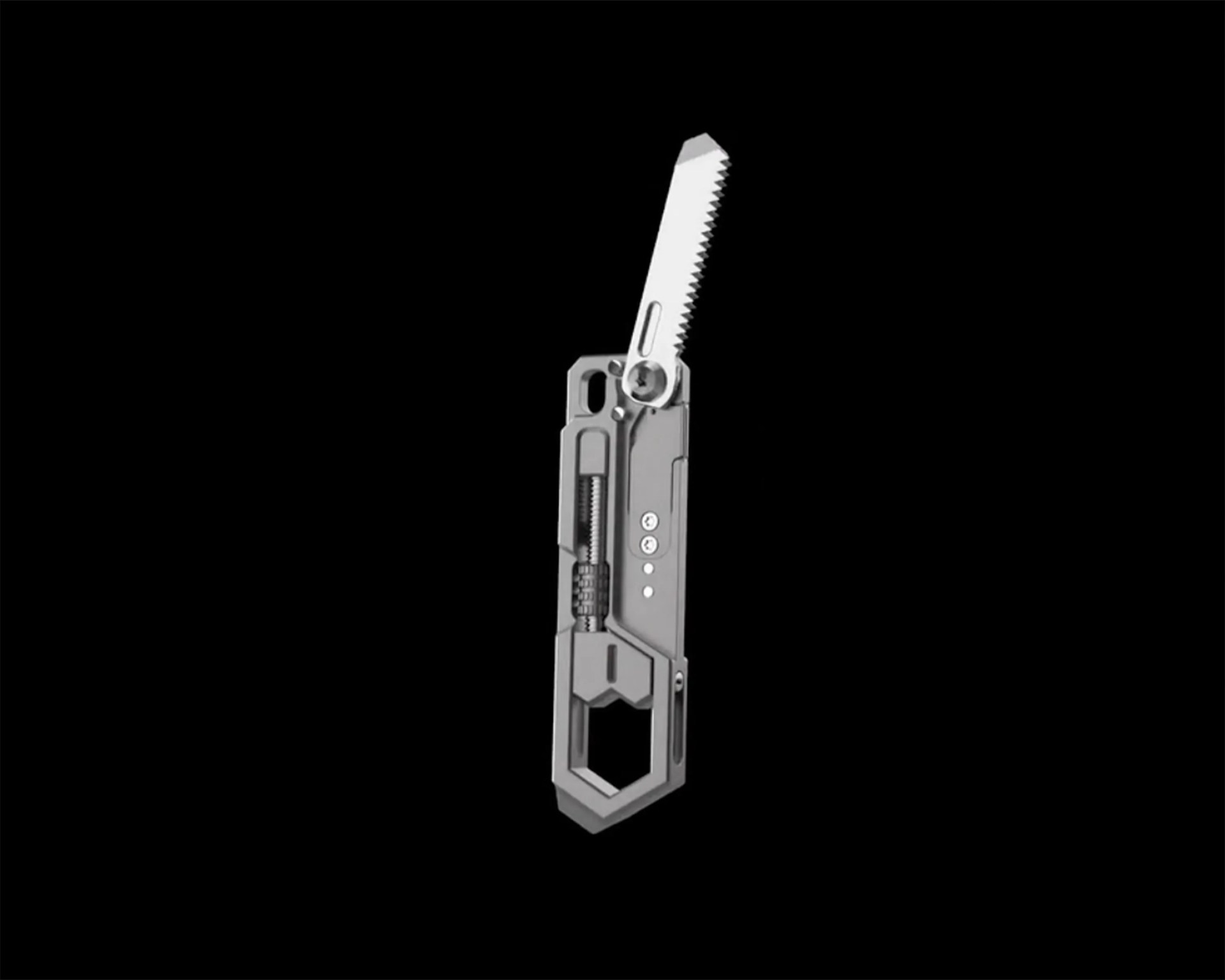 Compact metallic multi-tool with a serrated blade extended and a hexagonal wrench at the base.