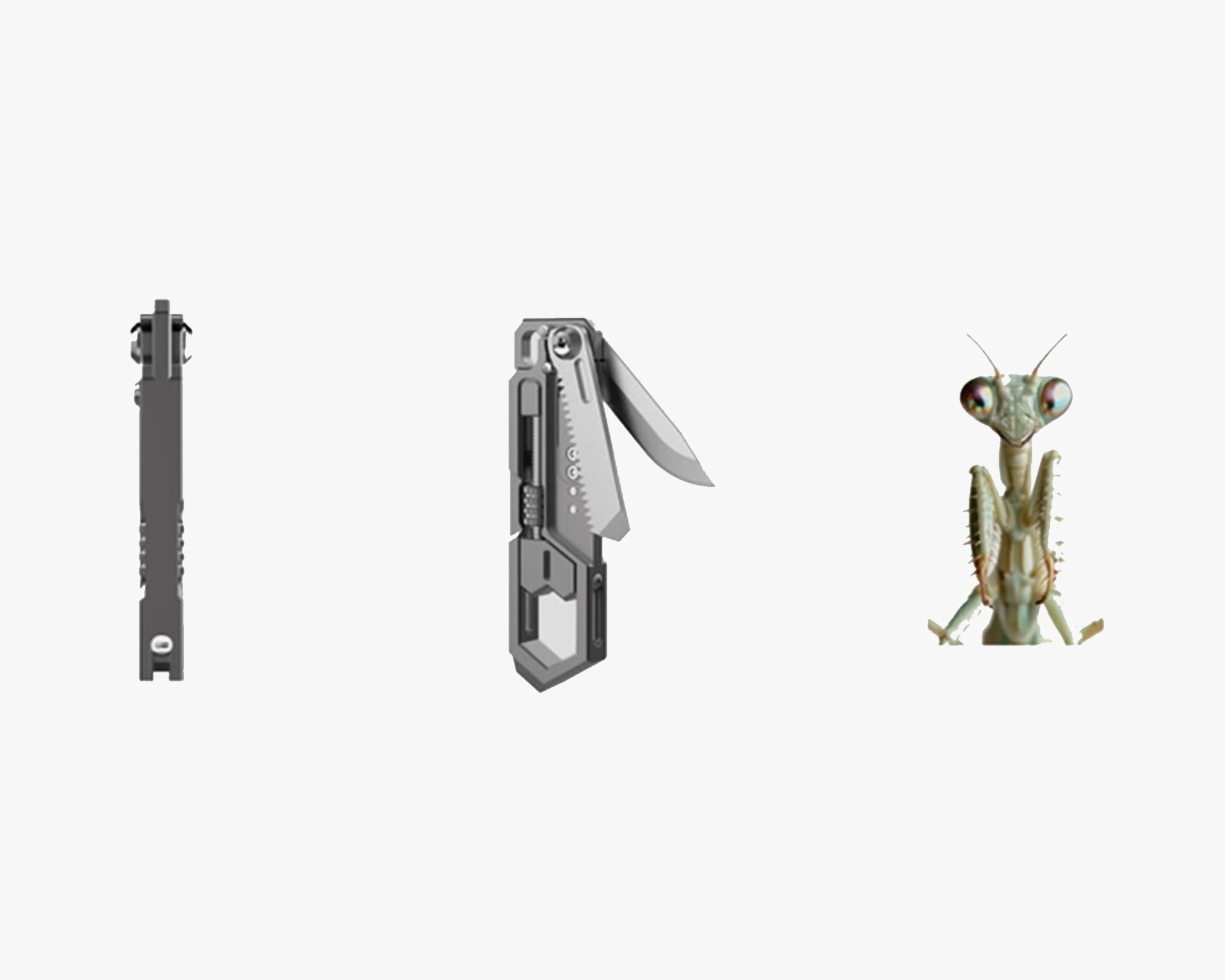 Slim gray multi-tool with a partially open serrated blade next to a praying mantis on a white background.